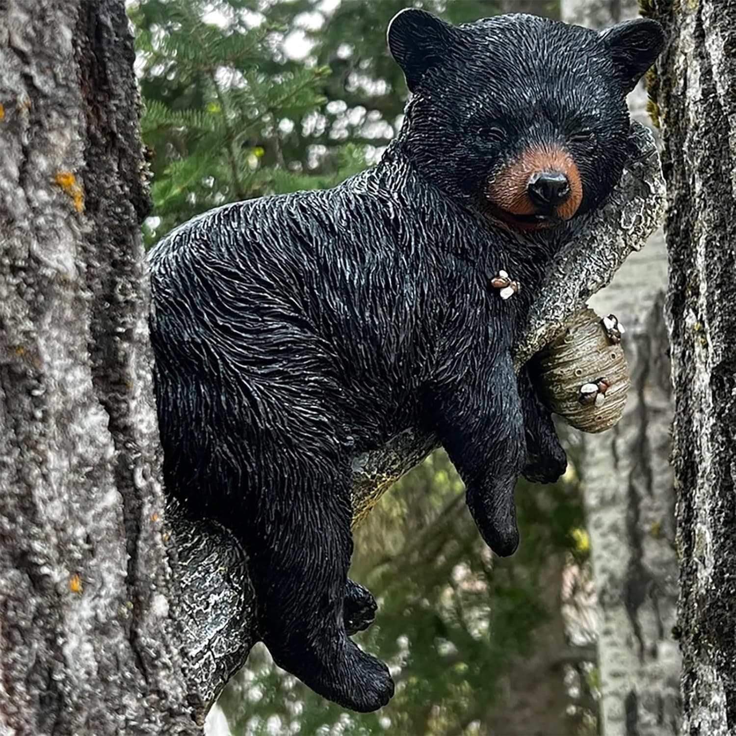 Funny Black Bear Cub Statue Napping in Trees, Tree Face Statue Decoration Outdoor, Garden Peeper Tree Hugger Outdoor Sculpture, Garden Decorative Tree Hugger Face for Tree Bear Cub Resin, Statue, Tree