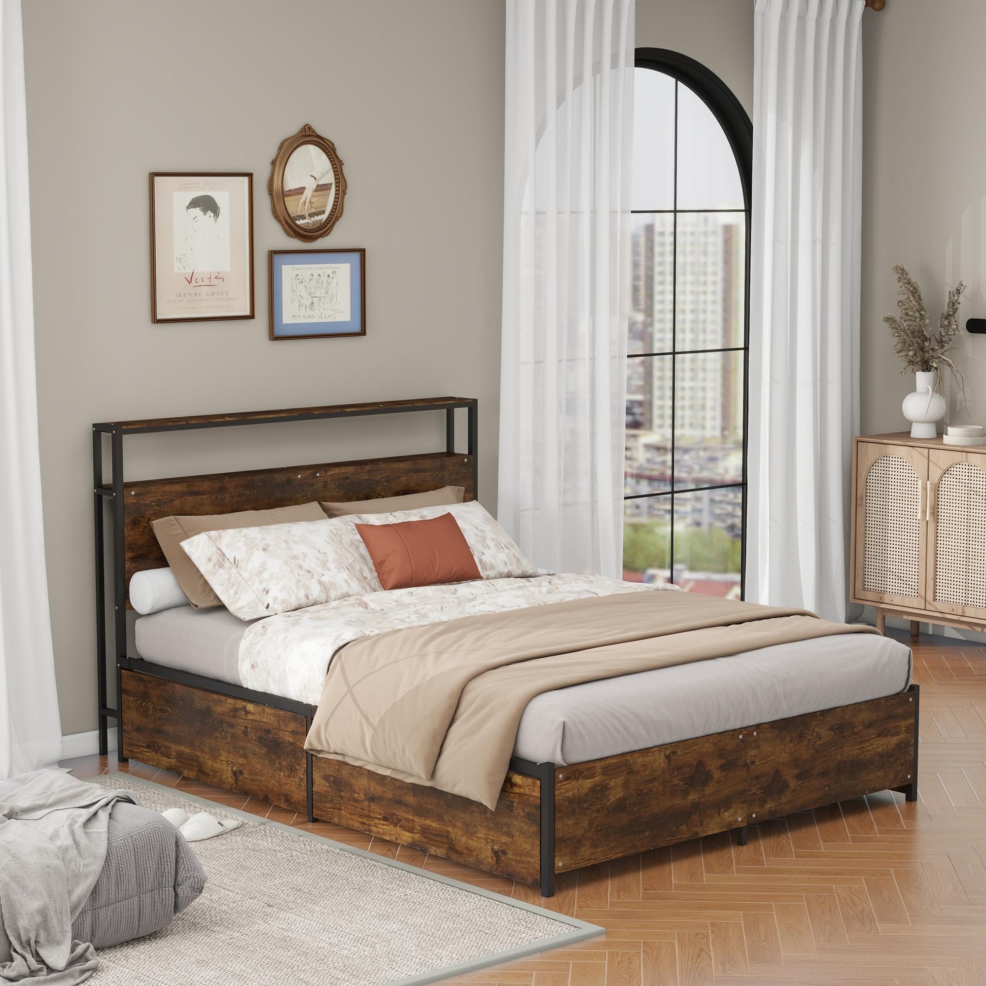 Panana Full/Queen Size Bed Frame with 4 Storage Drawers and Headboard, 2 Tier Shelves Headboard Storage, with Slats, Noise Free, No Box Spring Needed (Vintage Brown, Full)