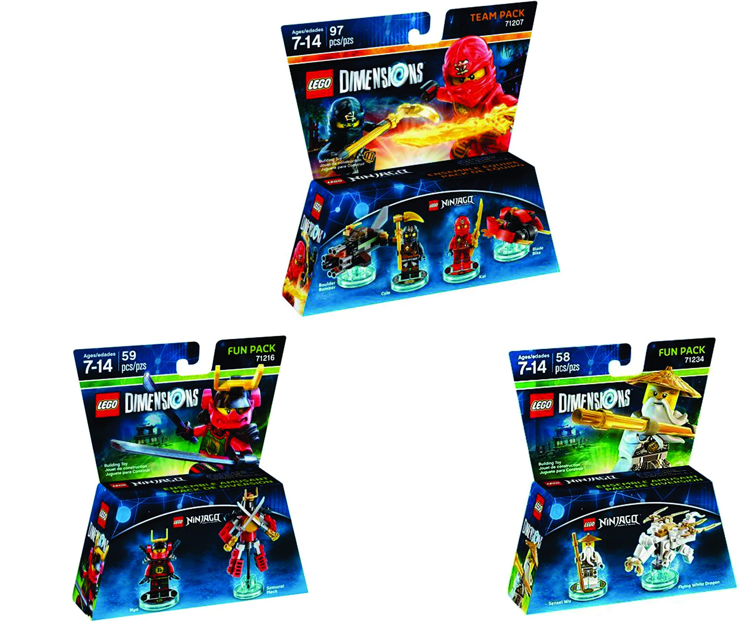 LEGO Dimensions Ninjago Fun Pack 3 Piece Variety Bundle; Ninjago Team Pack, Sensei Wu Fun Pack and Nya Fun Pack