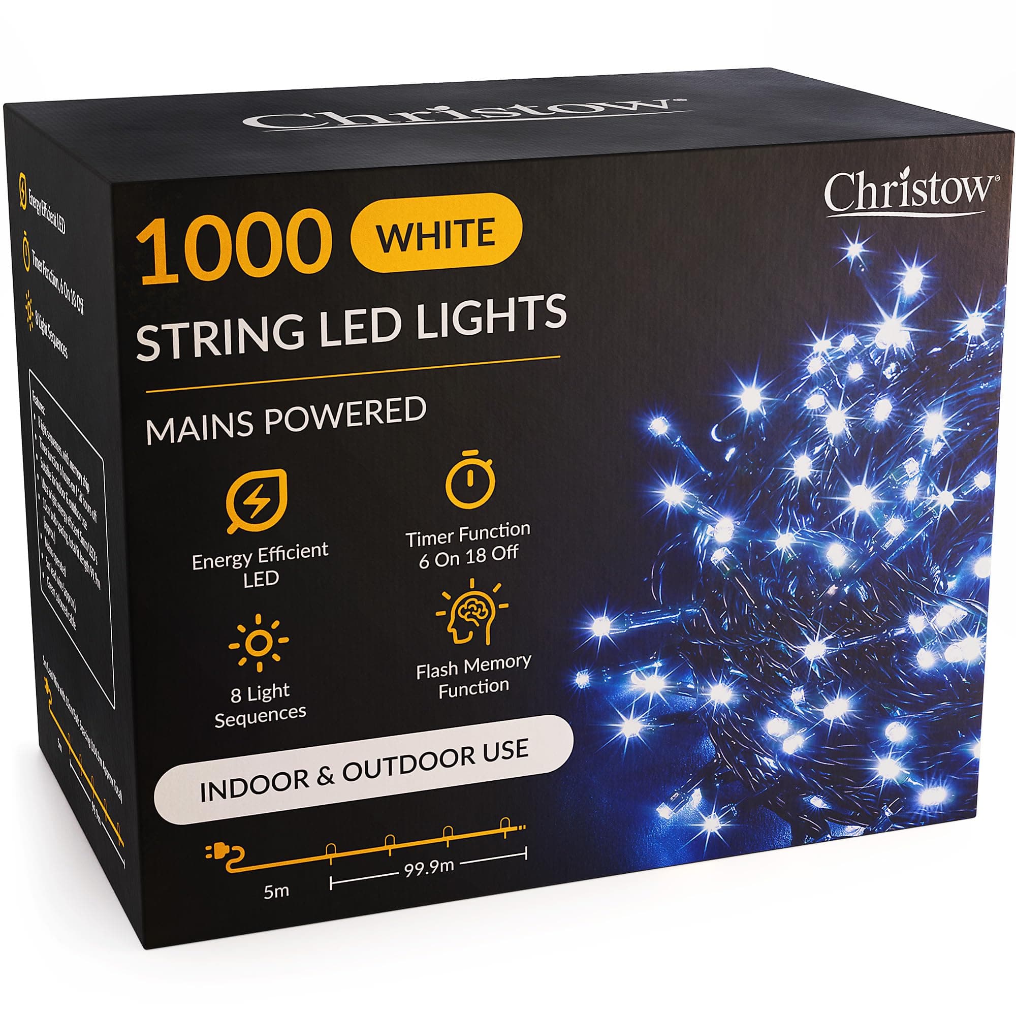 CHRISTOW Christmas Fairy Lights, White LED String Lighting with Timer, Indoor & Outdoor, Mains Operated 5m Cable, 8 Light Modes Flashing & Static, Green Cable (1000 LED / 100m Lit Length)