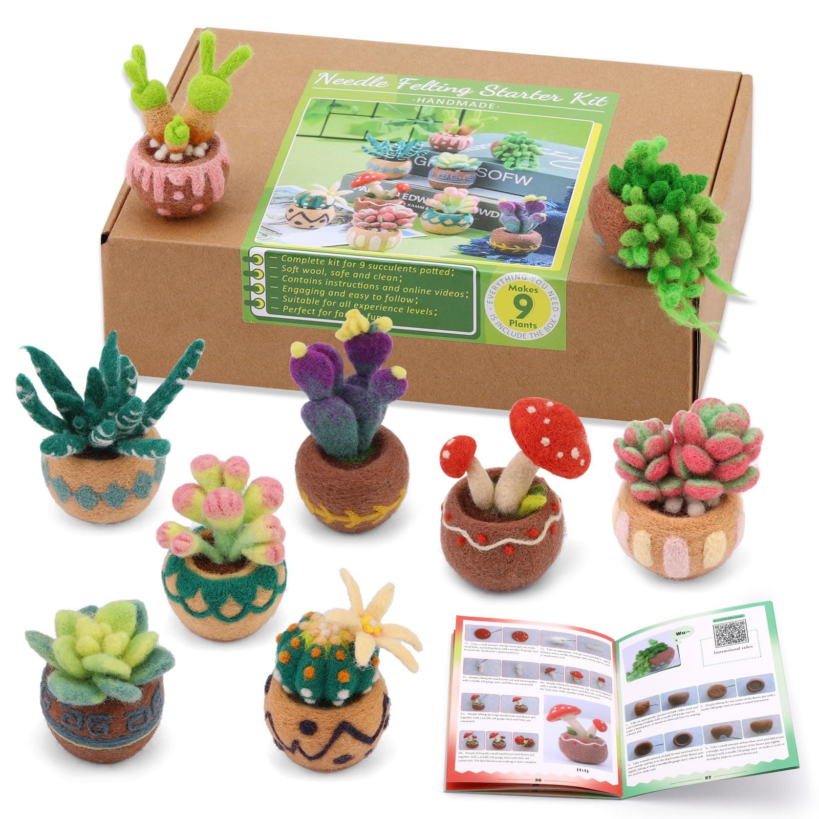 Needle Felting Kit, 9 Pcs Succulent Needle Felt Beginner Kits, Wool Felting Kit Including Wool Roving, Felting Pad, Felting Needles and Instructions for DIY Craft Home Decoration