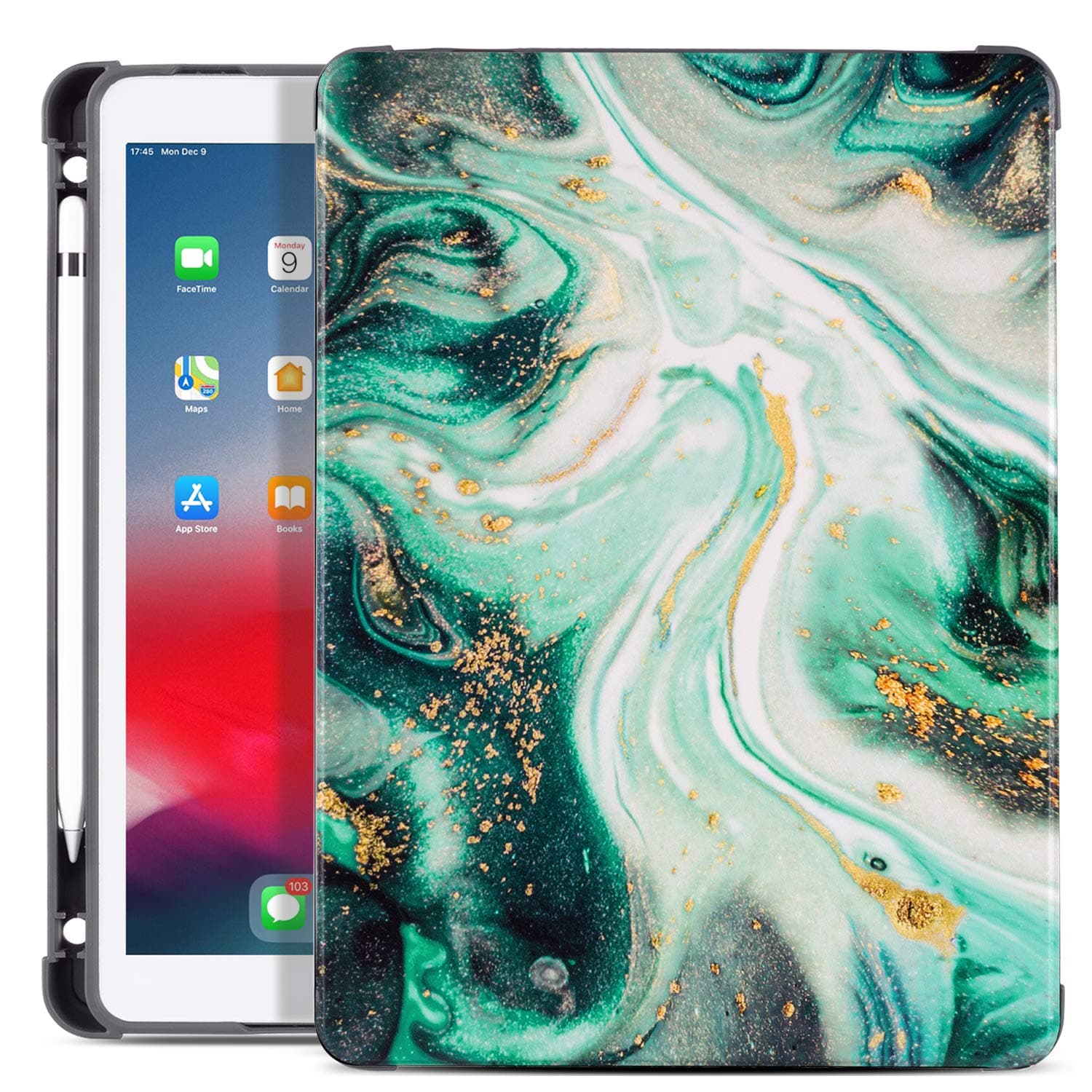 ipad 10.2 inch 2019/2020/2021 7th/8th/9th Generation Case with Pencil Holder, ipad Air/Pro 10.5 Case 2019/2017, Vimorco Premium Leather Smart Protective Folio Shell Cover, Green Marble