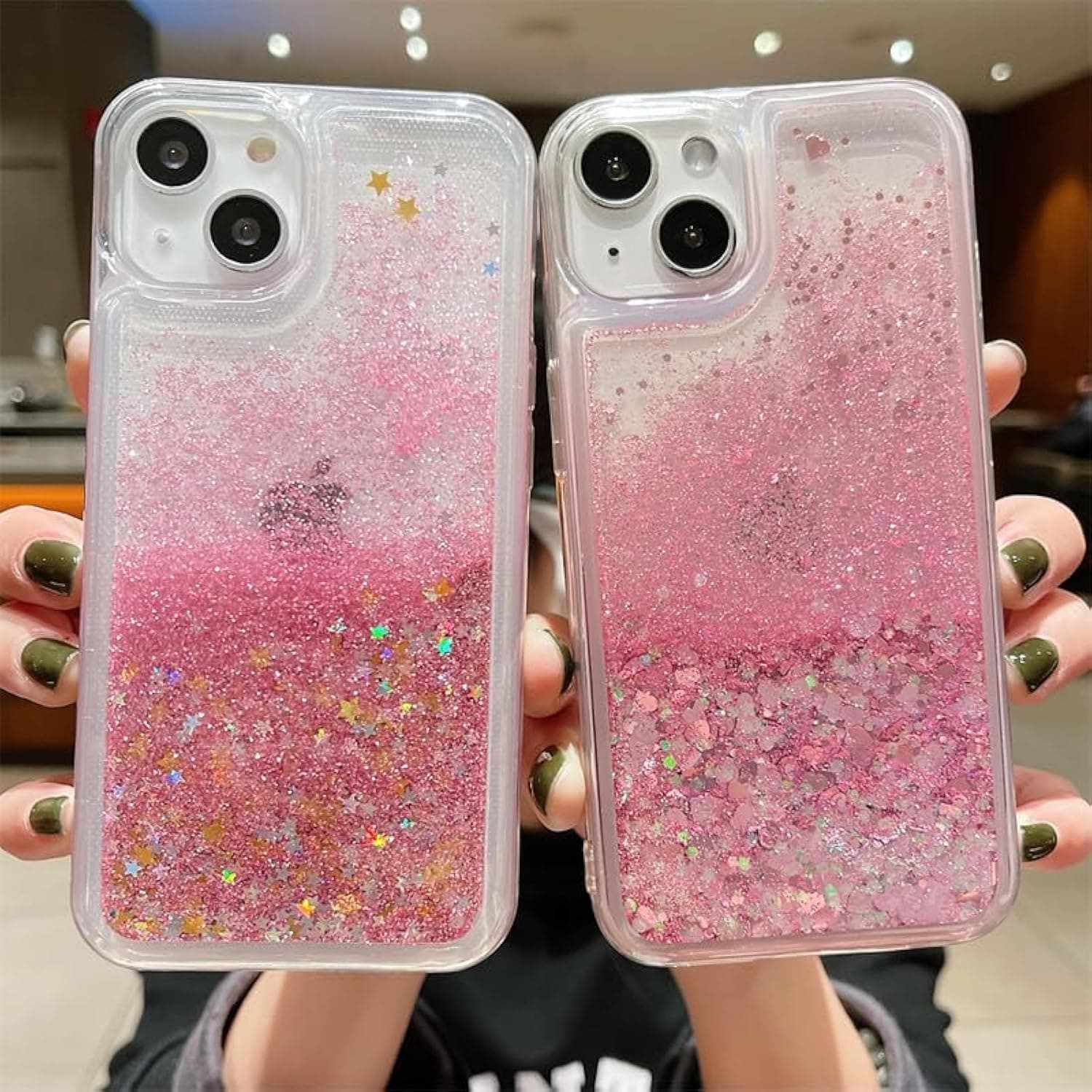 Compatible with iPhone 15 Pro Max, Rose Pink Glitter Phone Case, Cute Clear Floating Quicksand, Transparent, Anti-Scratch, Yellowing Resistant, Designed for Women Girls Teen