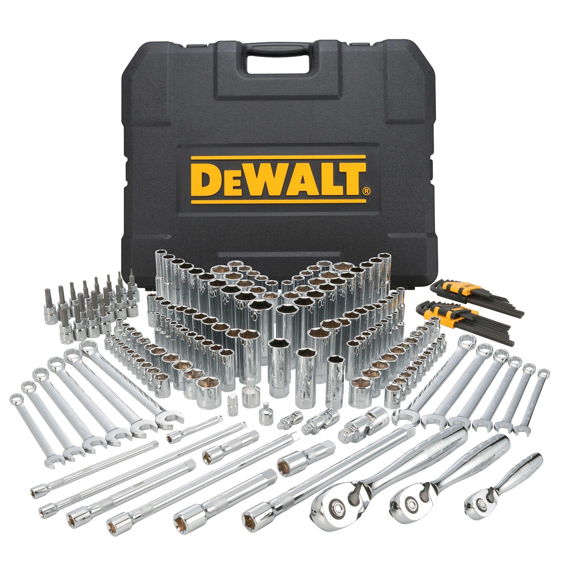 Mechanics Tools Kit and Socket Set, 204-Piece Dewalt Tool Set , 1/4" & 3/8" & 1/2" Drive, Metric/ SAE Deep and Shallow Sockets, 3/8" Hex Bits, Torx Bits, Spark Plugs, Wrenches (DWMT72165)