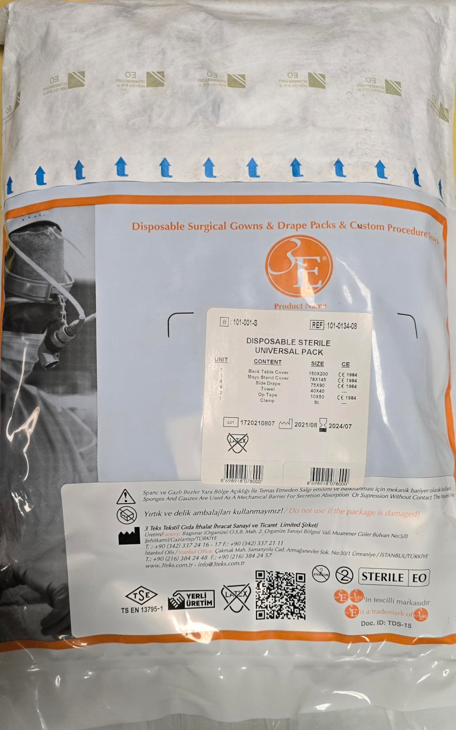 3 Teks DISPOSABLE STERILE UNIVERSAL PACK - with Back table cover, Mayo stand cover, side drape, towel, op tape & clamp - 101-0134-08