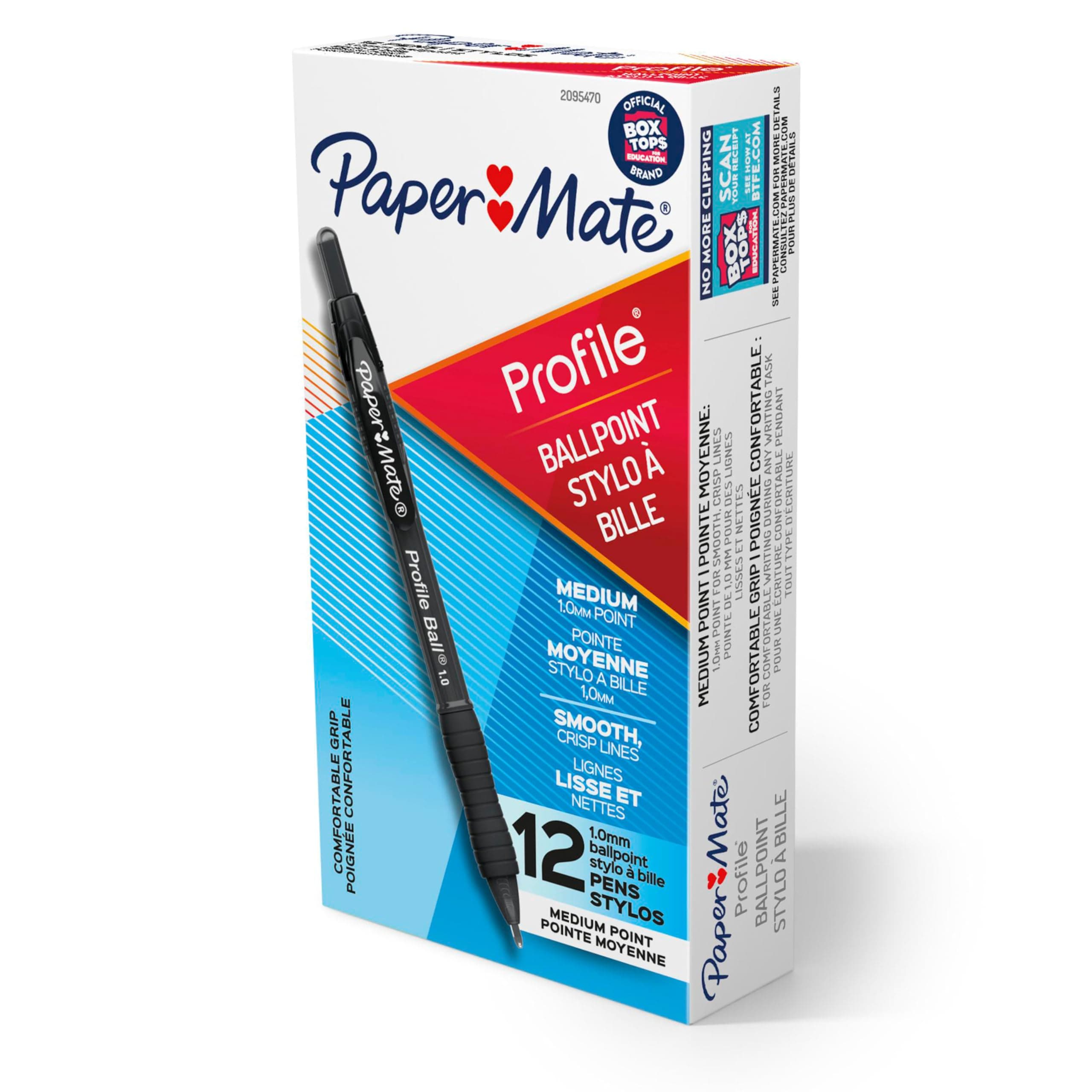 Paper Mate Profile Ballpoint Pens, Retractable, Medium Point (1.0mm), Black, 12 Count - Soft Comfort Grip