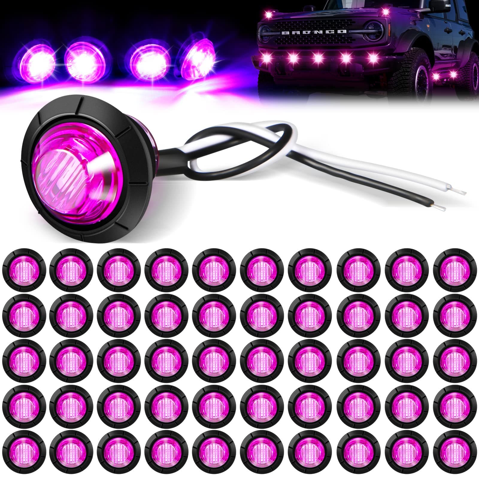 50 Pcs Trailer Side Marker 3/4 Round Led Light 12v Front Rear Side Marker Indicators Waterproof Trailer Lights for Truck Car Bus ATV Utv Rv Van Pickup Stop Lamp, Purple