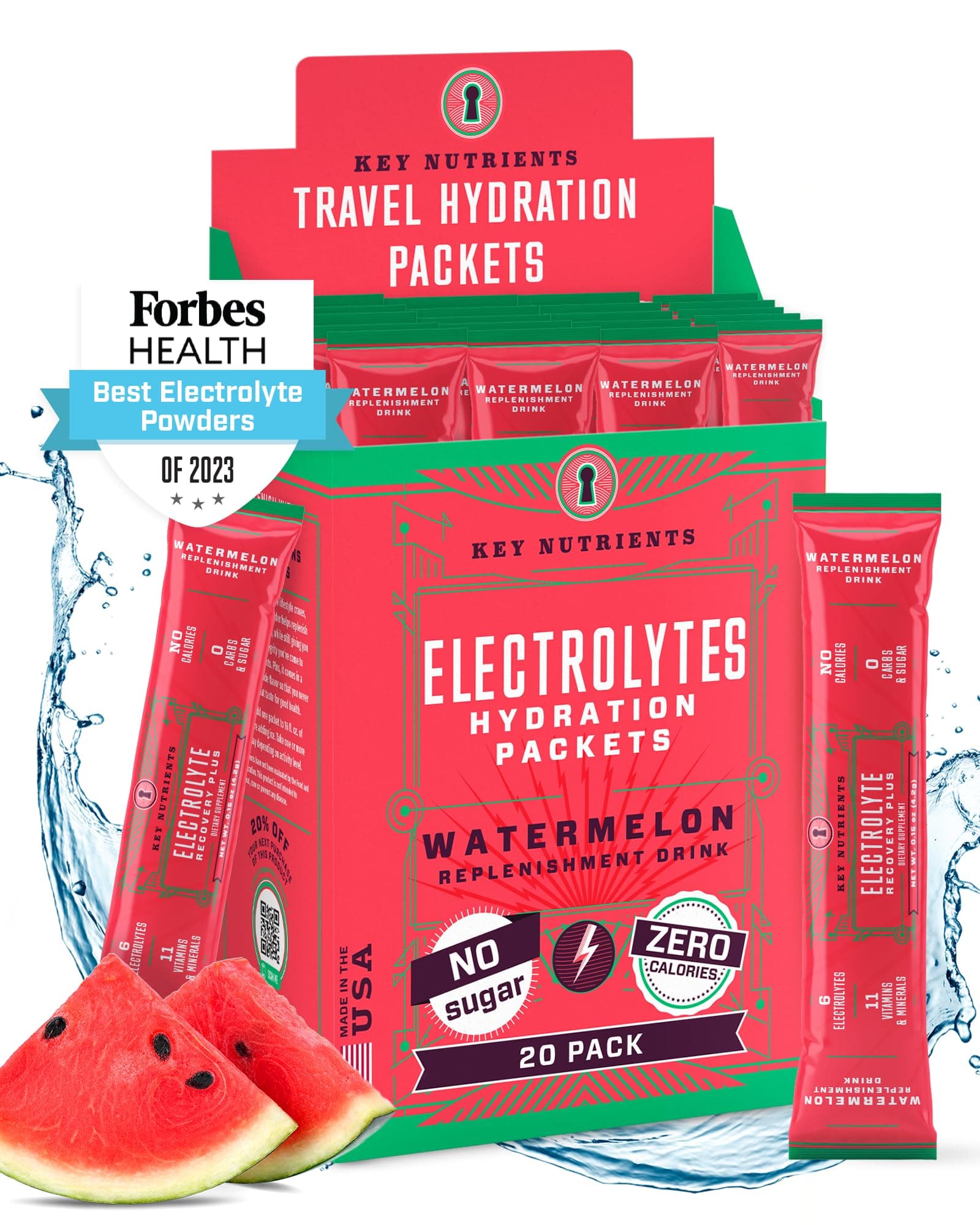 KEY NUTRIENTS Electrolyte Powder Packs - 20 Pack Hydration Packs with Cooling Watermelon Flavor - Hydration Powder for Travel - Sugar Free, Calorie Free, Gluten Free - Fab