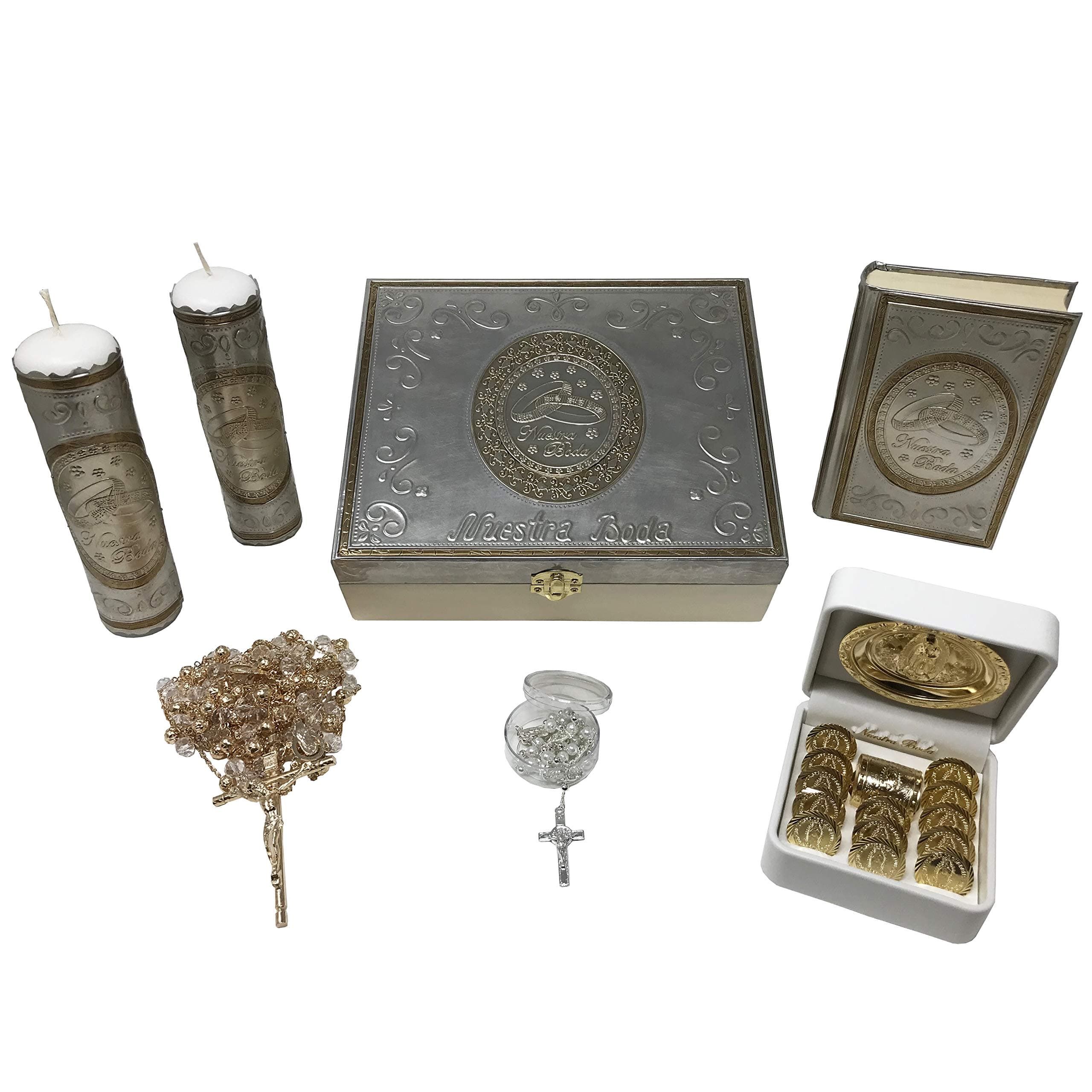 PREMIUM Catholic Wedding Kit in an Embossed Box with 2 Candles, Wedding Coins, Lasso, Bible (Spanish) and Rosary. Kit de Boda Católico en Caja de Repujado con 2 Velas, Arras, Lazo y Biblia (Español).