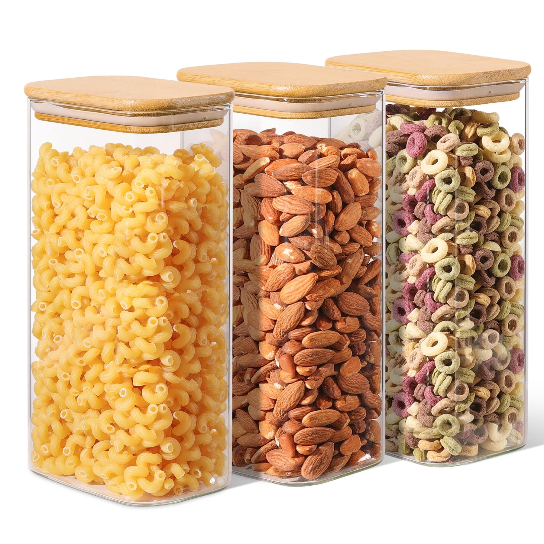 ComSaf 1.8 Qt Rectangle Glass Storage Containers with Lids, Glass Jars with Bamboo Lids, Clear Food Storage Jar, Sugar Coffee Containers, Pantry Storage Container for Pasta Rice Flour Oats Nuts Tea