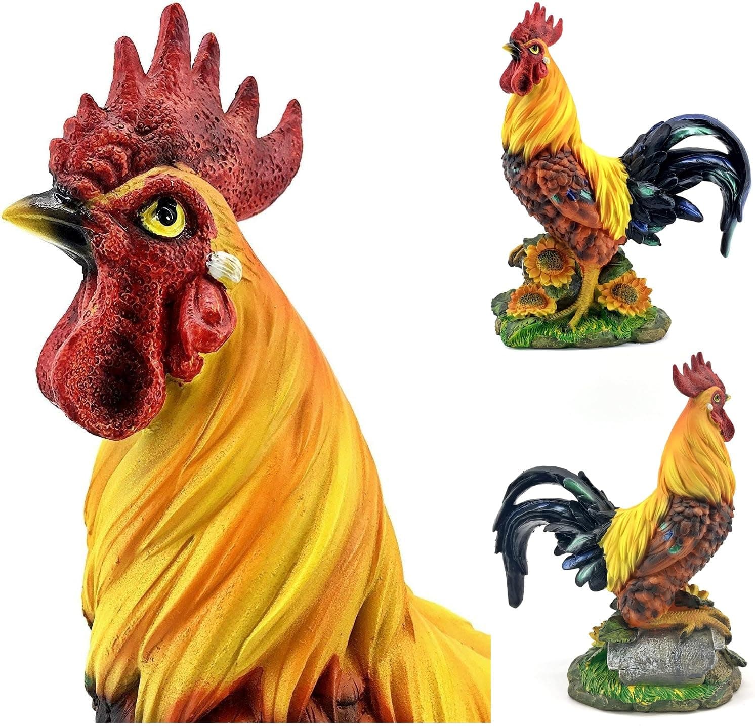 Bellaa 22977 Rooster Statue 12 inch Boho Home Decor Kitchen Gift Outdoor Sculpture Garden Patio Yard Figurine Farmhouse Animal Chicken Hen Sunflower Country Farm Barnyard Cabin Nature Lovers