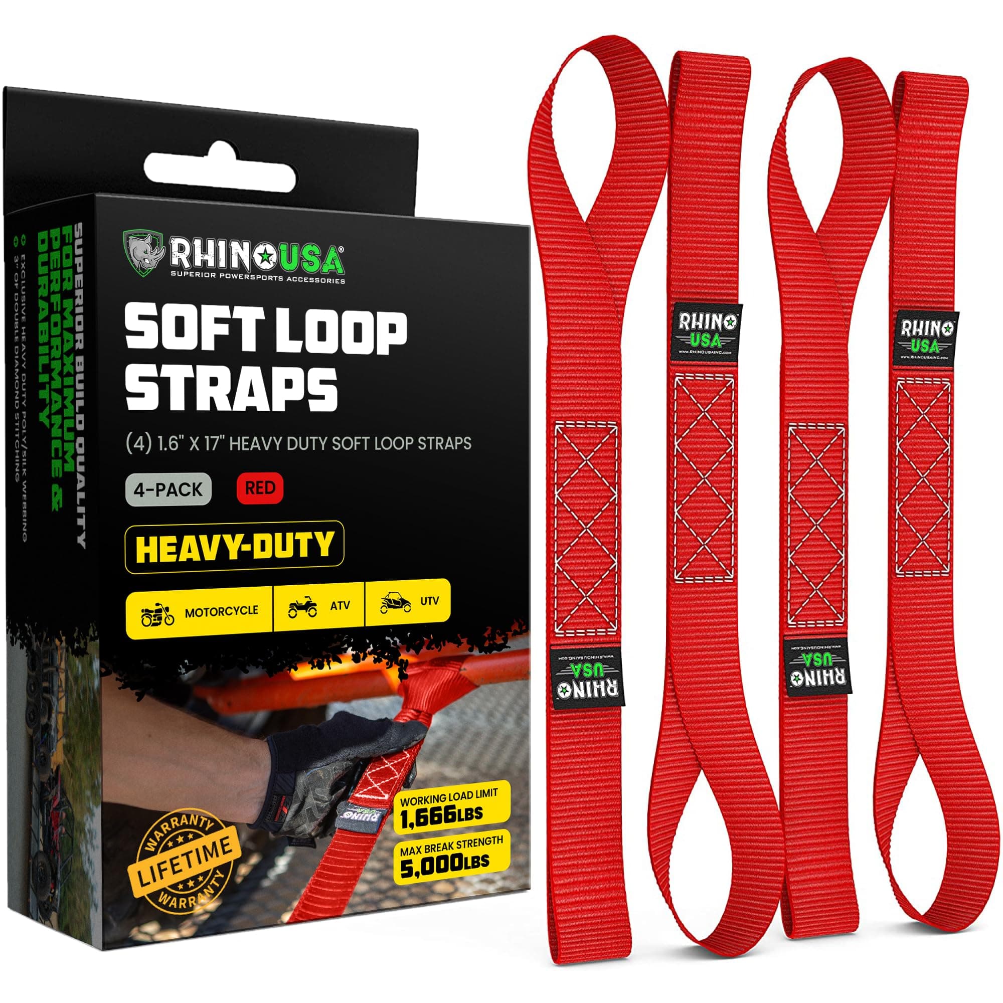 Soft Loop Motorcycle Tie Down Straps - Guaranteed 10,427lb Max Break Strength, Heavy Duty Tiedown Loops for Secure and Confident Trailering of Motorcycles, Dirtbikes, ATV, UTV (Red 4-Pack)