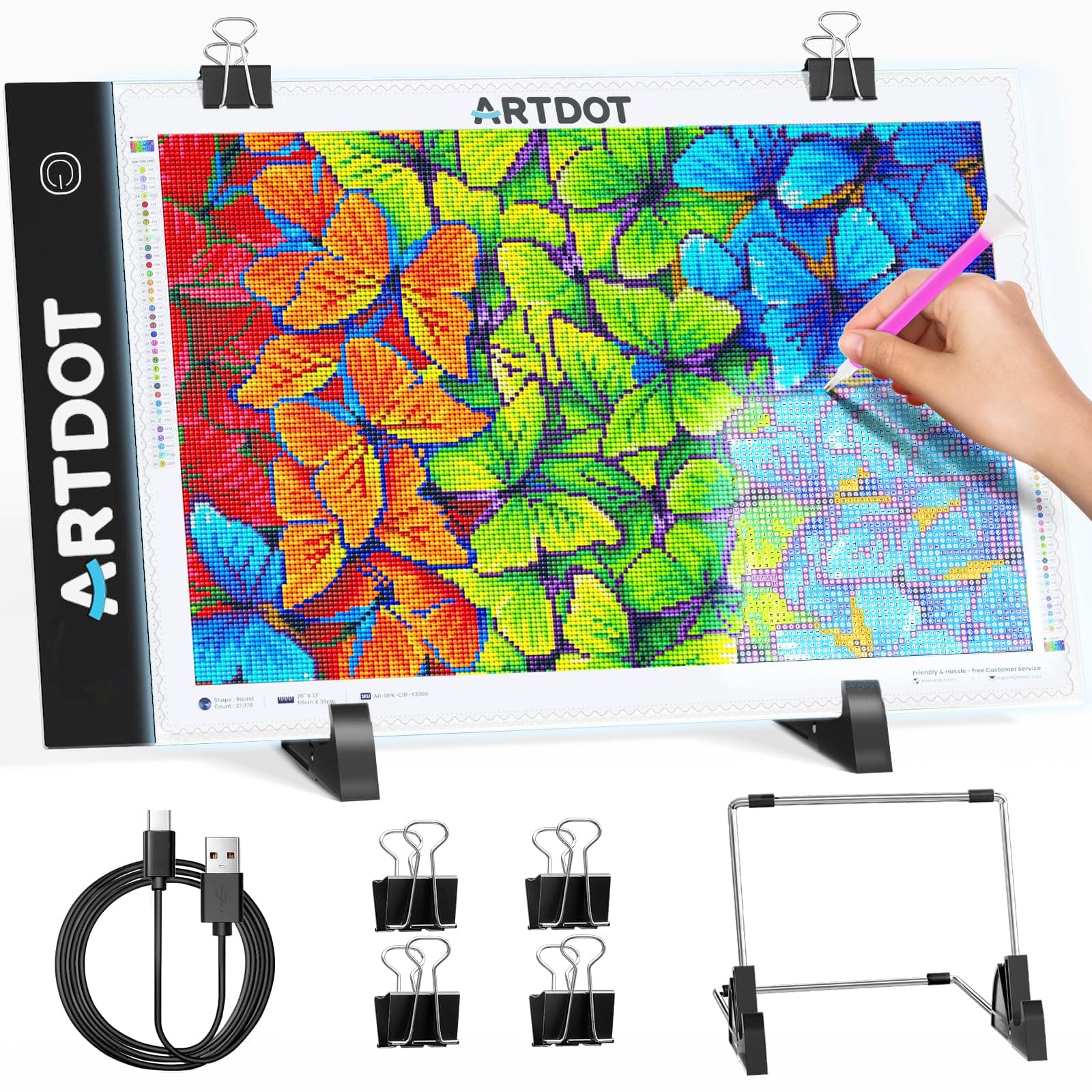 ARTDOT A4 LED Light Pad for Diamond Painting, USB Powered Light Board Kit, Adjustable Brightness with Detachable Stand and Clips