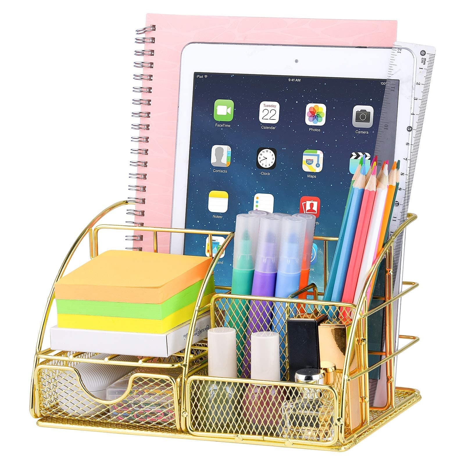 Benting Desk Organizer Office Accessories, Multi-Functional Mesh Desk Organizer with 5 Compartments and 1 Drawer for Home, Office, School, Workshop, kitchen（Gold)