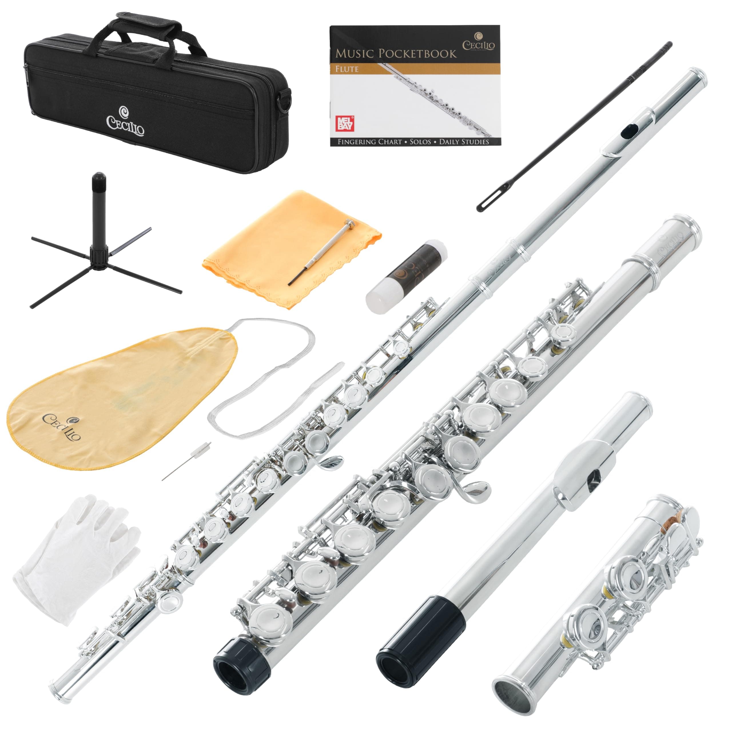 Cecilio High Grade Student C Flute Package Silver Nickel Plated Stand Pocket Case Driver Joint Grease with Cleaning Cloth and Rod