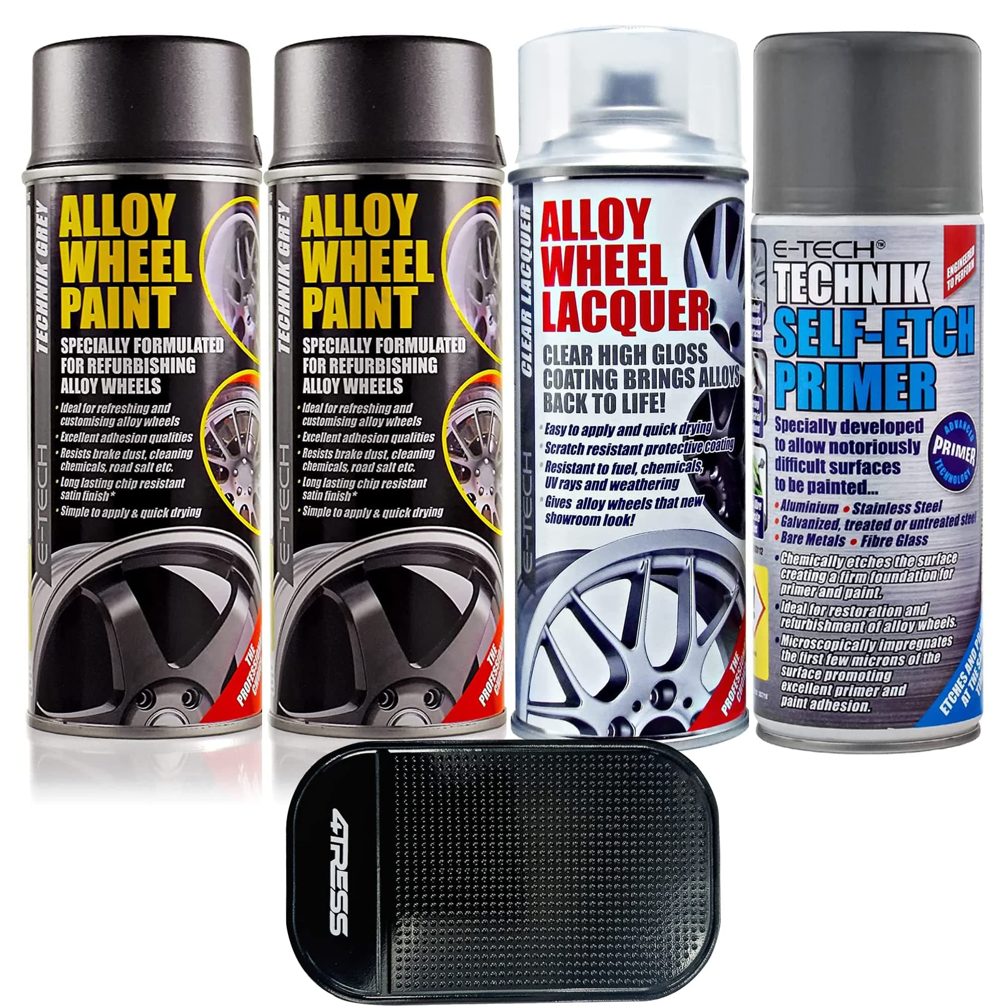 E-Tech 2 x 400ml Technik Grey Chip Resistant Alloy Wheel Spray Paint, 1 x Clear Lacquer Car Alloy Wheel Paint, 1 x 400ml Self Etch Grey Primer Non Slip Car Dash Mat