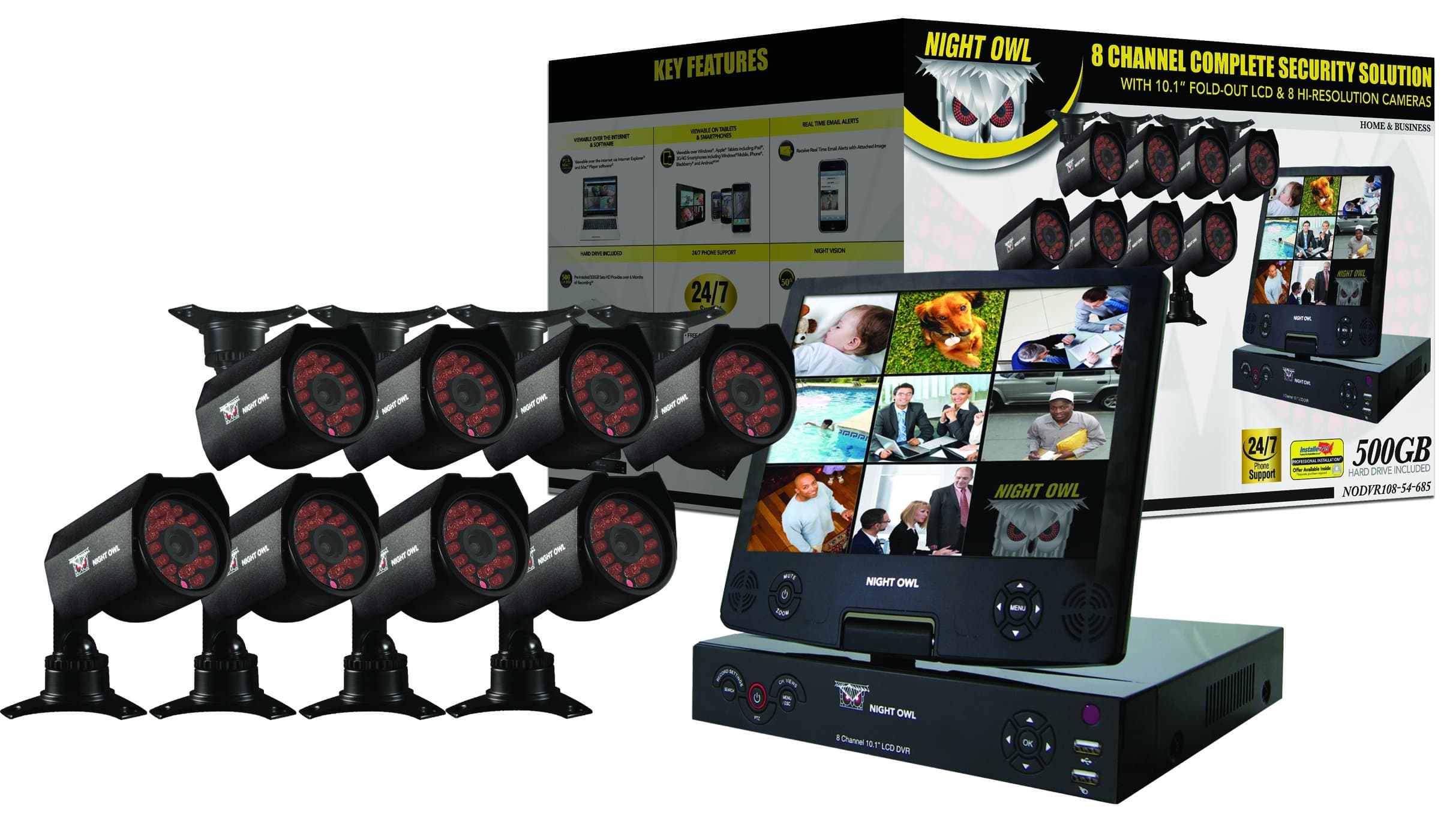 8 Channel Complete Security Solution with 10.1" Fold- Out LCD Screen, 8 Hi-Resolution Cameras and Free Night Owl Lite Software