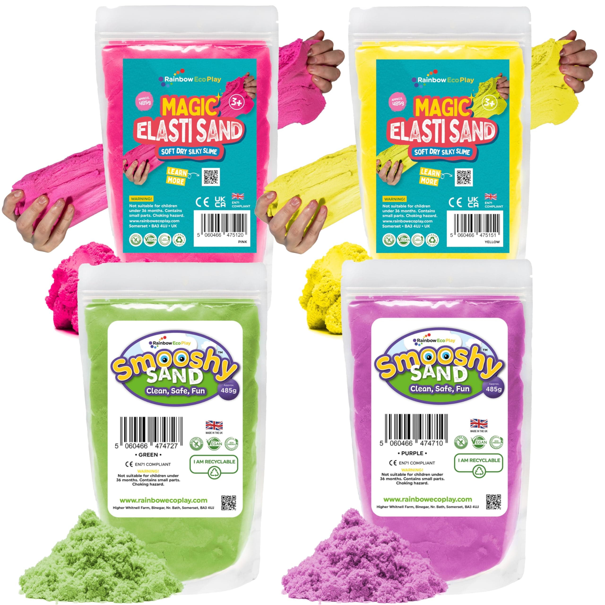 Magic Sand Elasti and Smooshy - Assorted Colours – 4 x 485g - Childrens Coloured Sand for Kids - Moulding and Stretchy - Ideal for Sensory Play