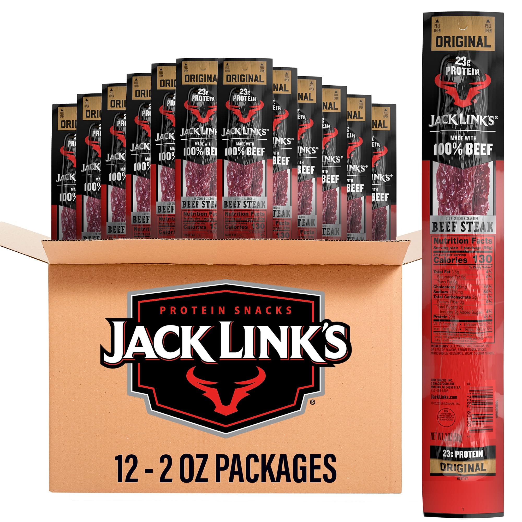 Jack Link's Beef Steak, Original - Protein Snacks, Beef Jerky Meat Snack with 23g of Protein, Made with 100% Beef, Individually Wrapped Bulk Snack Pack, Keto Friendly - 2 Oz. (12 Count)