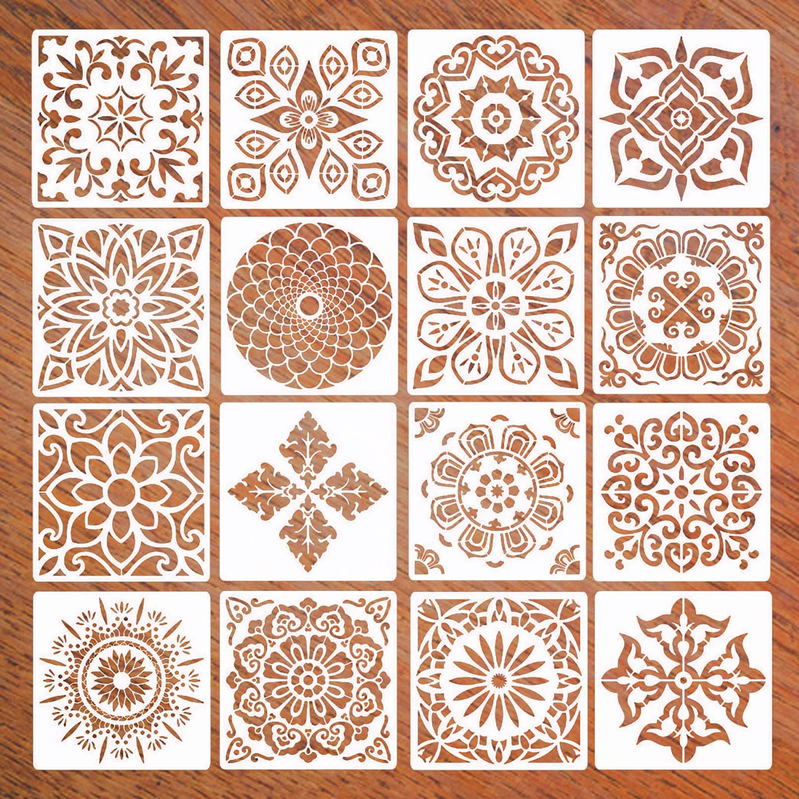 16Pcs Mandala Stencils,Mandala Pattern Reusable Stencils Laser Cut DIY Painting Template for Art Scrapbook Walls,Doors,Furniture,15 x 15 cm