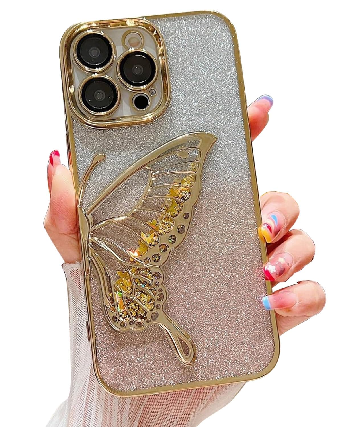 Silicone Designed For iPhone 15 Pro Max Cover With Glitter Cute Butterfly Electroplating Design Back Cover Case For Women Teen Girls (Gold)