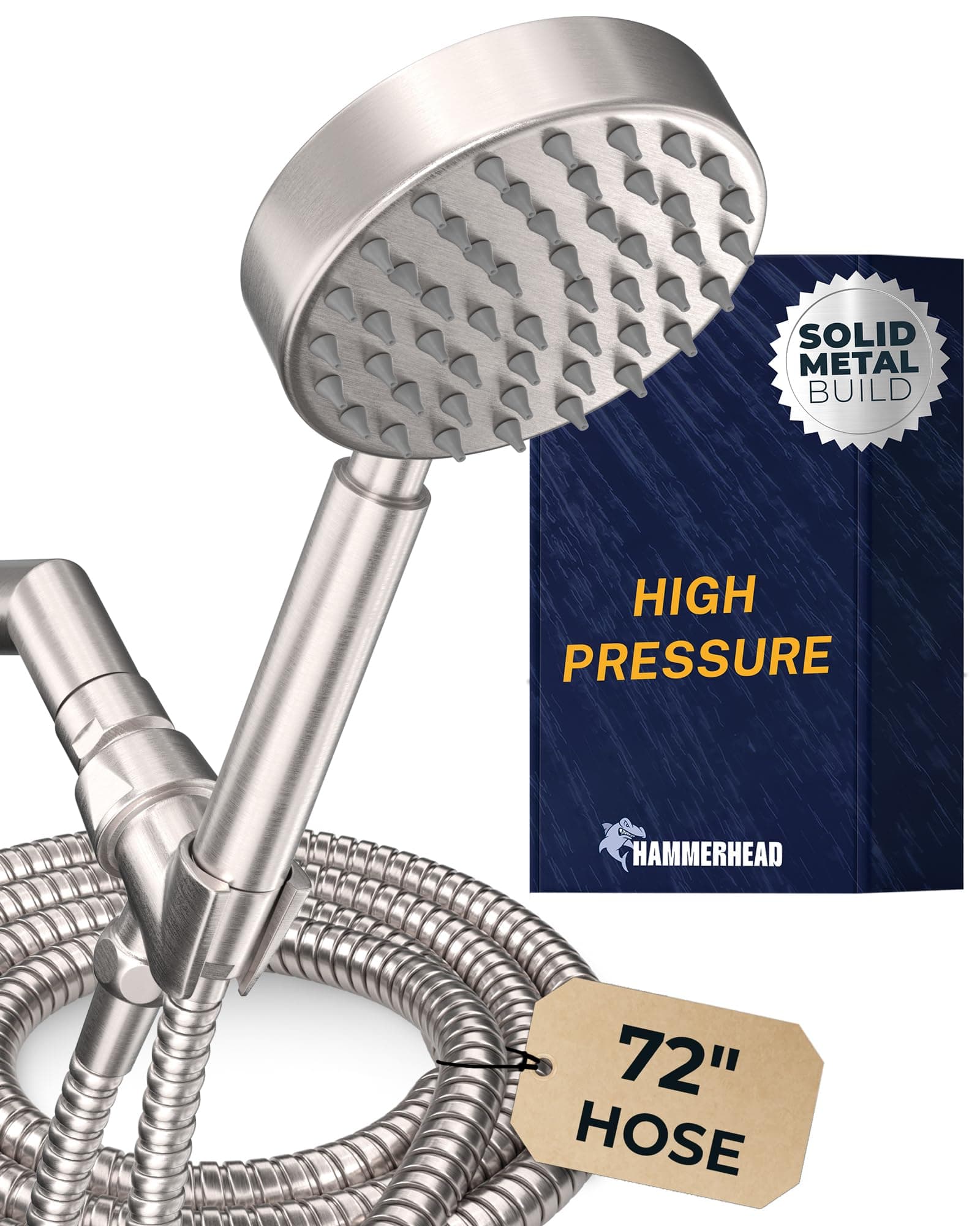 Solid Metal Handheld Shower Head with Hose and Brass Holder - BRUSHED NICKEL - 2.5 GPM High Pressure Shower Heads with Adjustable Shower Wand Bracket - 6ft Flexible Extension