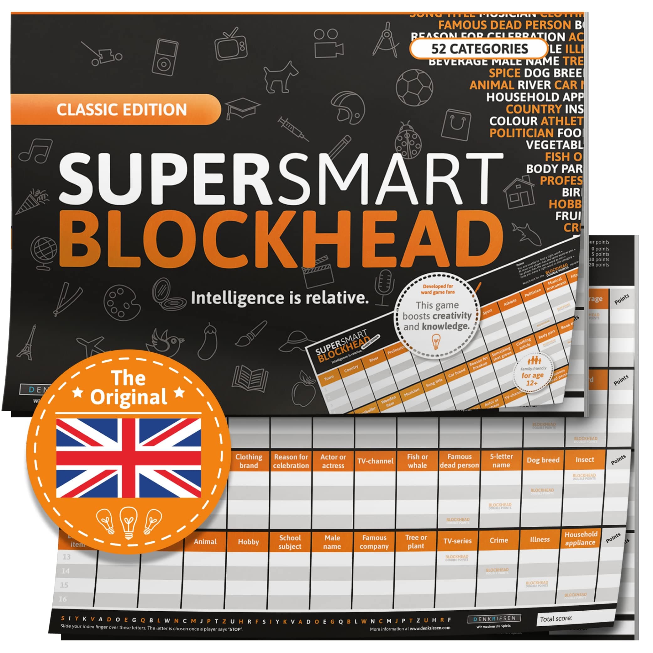 SUPER-SMART-BLOCKHEAD - "Intelligence is relative": DIN-A3 Block mit 50 Blatt, 52 lustige Kategorien bringen jeden Hobbydenker ins Schwitzen. Spaß garantiert!, Pro Runde (13 Begriffe) 2 Minuten