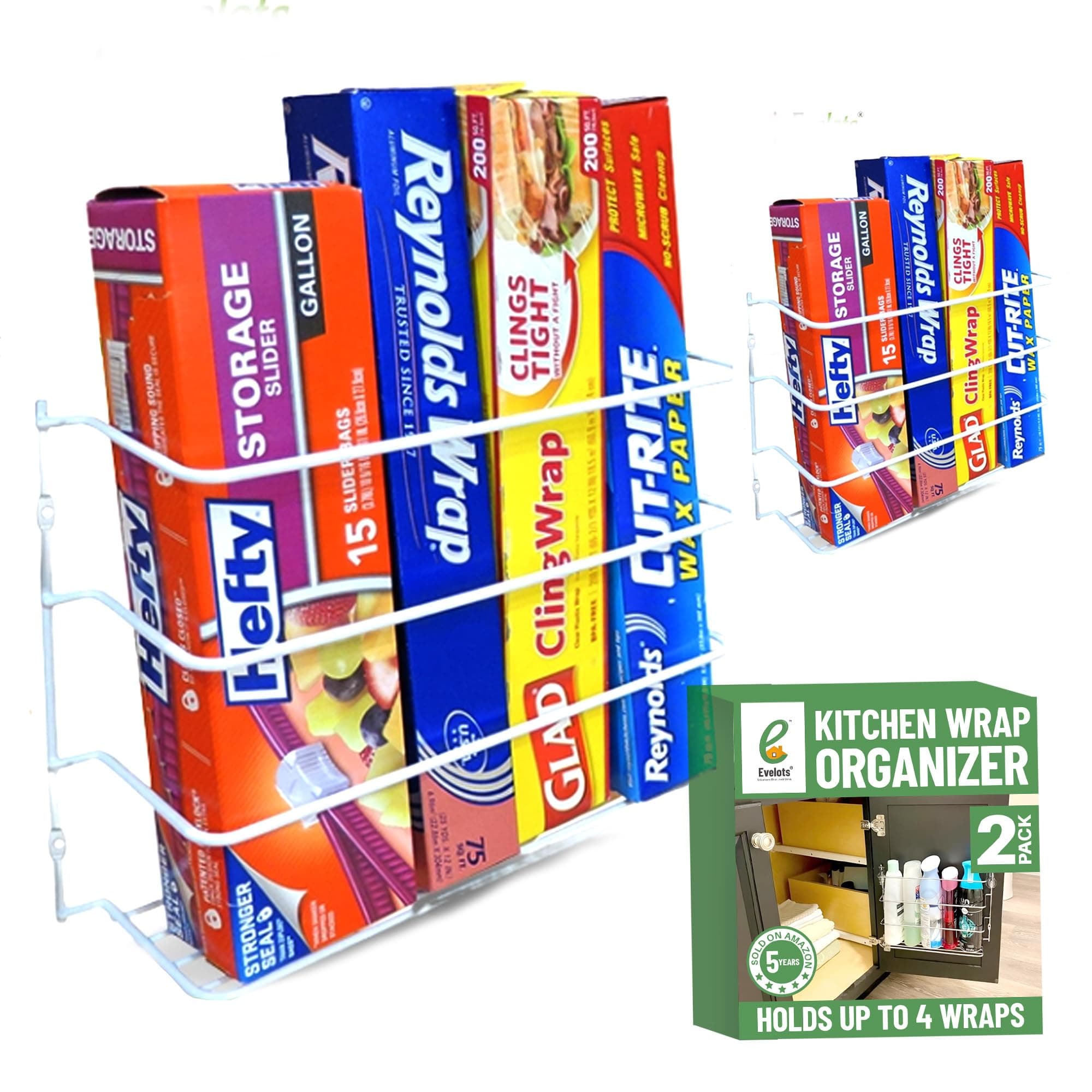 Evelots Kitchen Wrap Organizer - 2 Pack - Hold up to 4 Plastic, Foil, Paper, Wax - Cabinet Door, Wall Rack Basket - Sandwich, Freezer, Food Bag Storage - Laundry Supplies - Plastic Coated Metal
