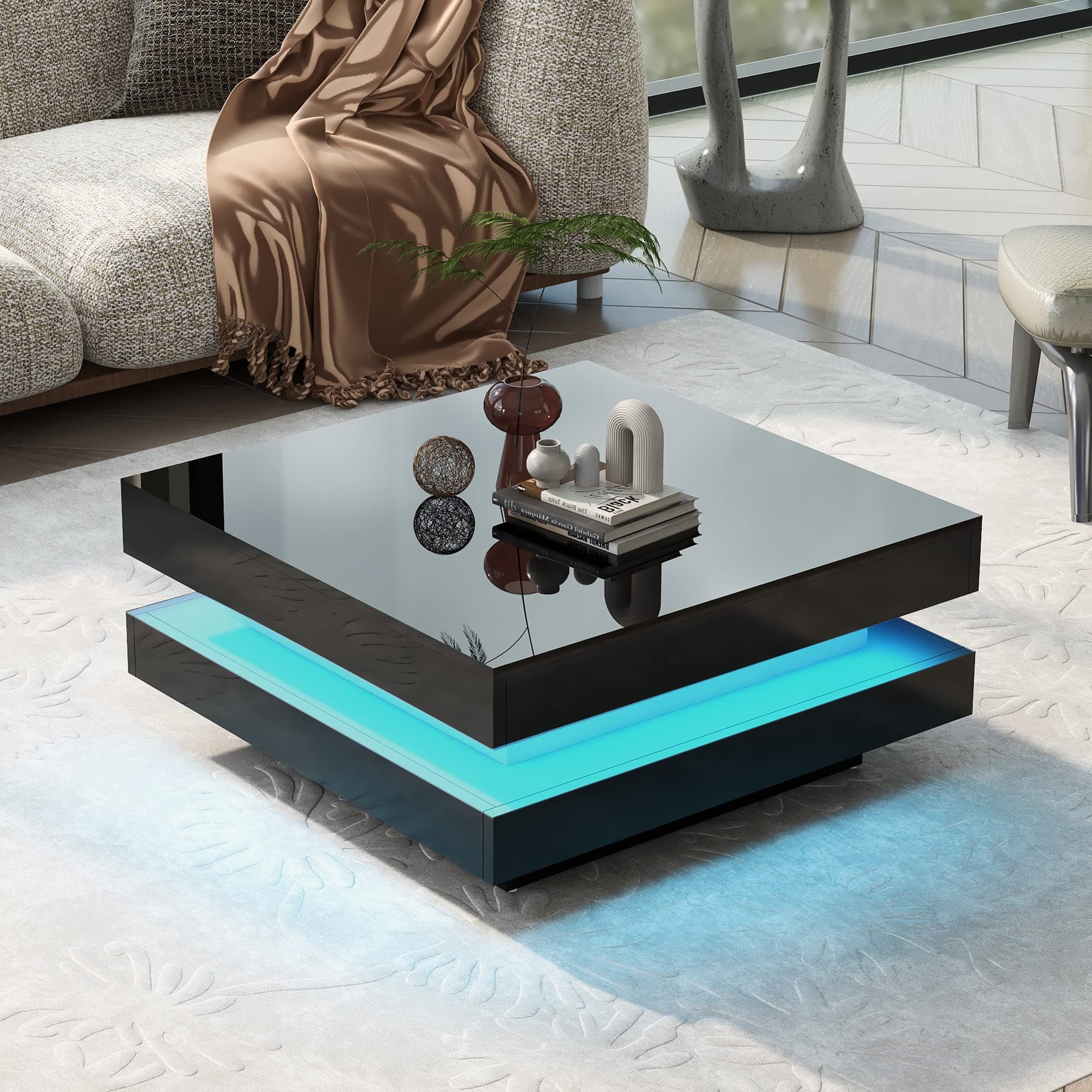 Square Coffee Table with LED Lights, High Gloss 2-Tier Living Room Center Table 31.5" x 31.5" x 14.2", Black