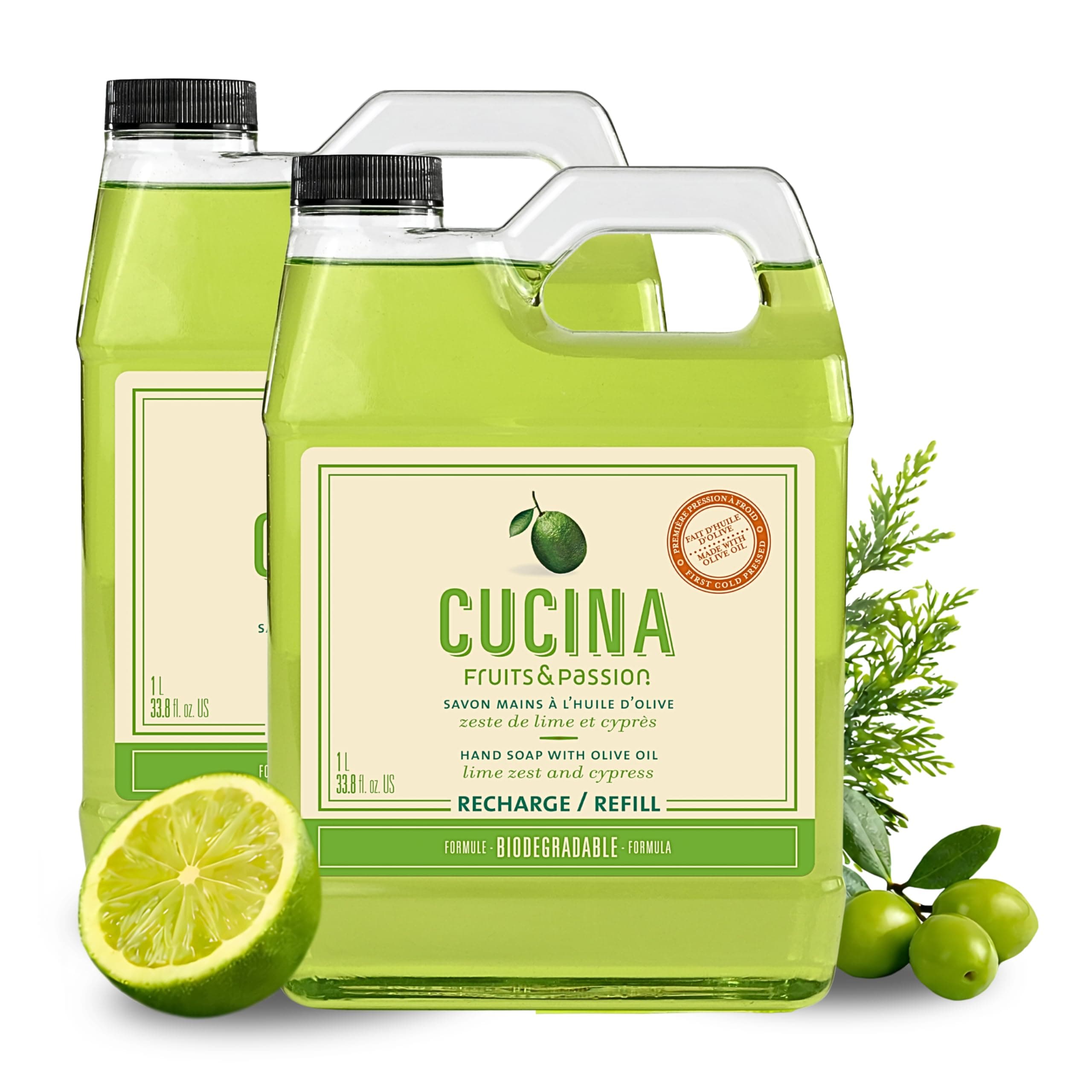 Fruits & Passion Hand Soap Refill, Lime Zest & Cypress, 33.8 fl oz (1L) – Pack of 2, Olive Oil Enriched, Biodegradable Formula, Made in Canada