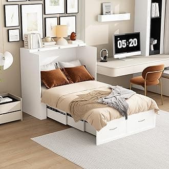 FAMAPY Twin Murphy Bed with Built-in Charging Station, Space-Saving Murphy Bed Chest Twin with Drawer, Foldable, for Home Office Guest Room Bedroom White, 76.8”L x 44.4”W x 41.3”H