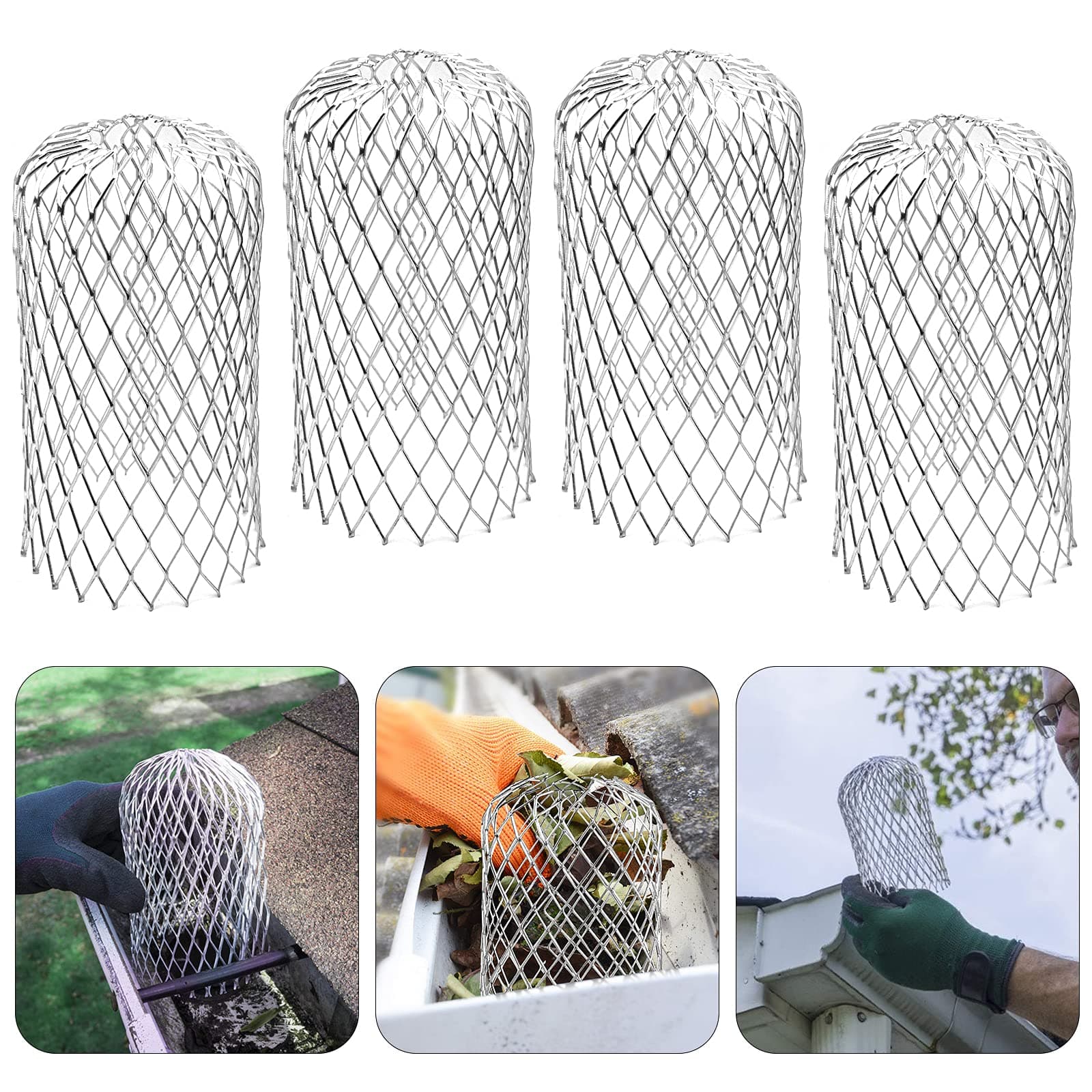 JTOOYS 4 Pack Aluminum Gutter Guards Expandable Filter Strainer Leaf Strainer Gutter Sieve Down Pipe Covers Protection Easy Install Moss, Muck, Mud & Debris Guard, from 2 to 4 inches
