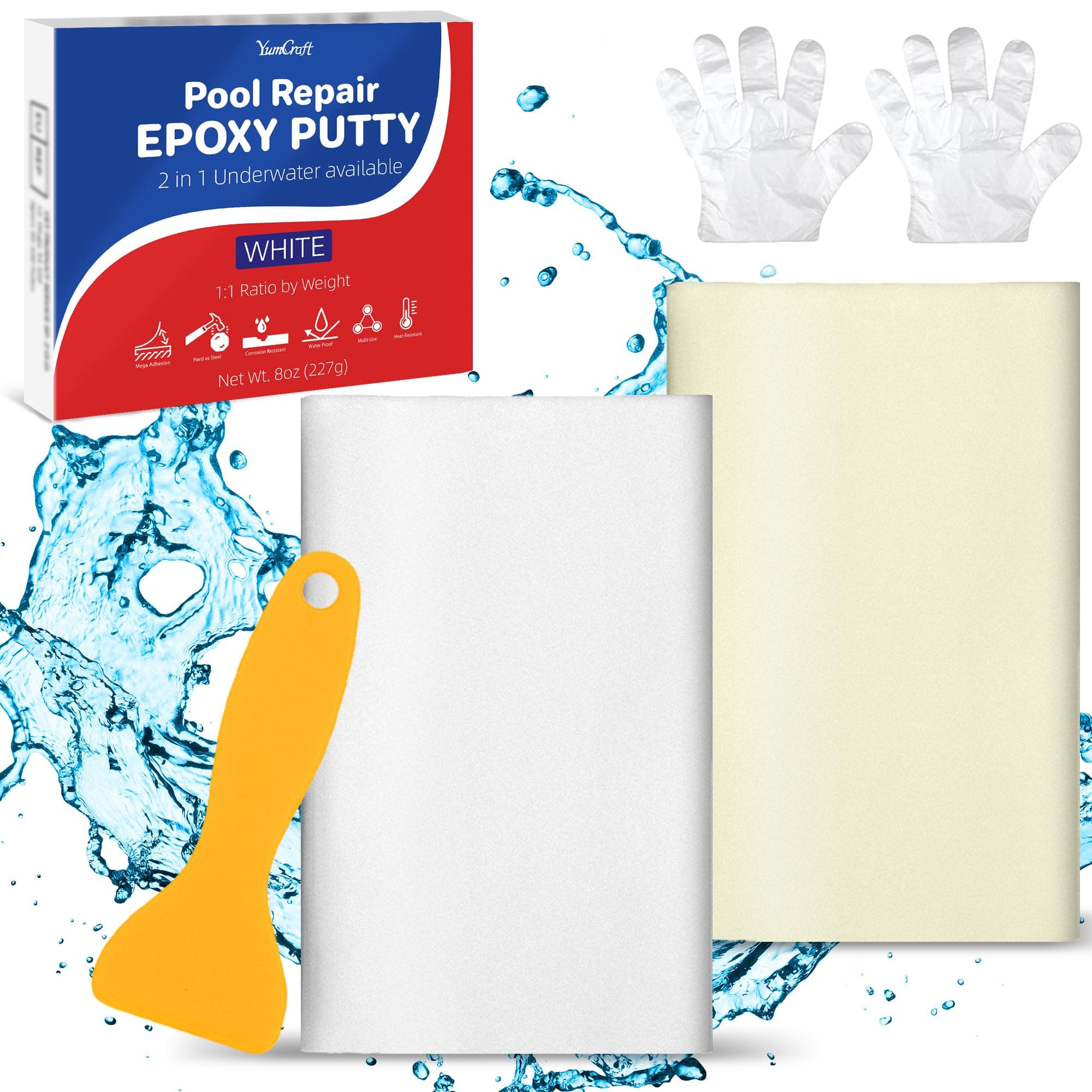 Epoxy Putty 8oz/227g - 2 Part Under/Above Water Pool Putty, Fast Repair Sculpt Clay - Repairs Cracks, Fixes Leaks & Fills Holes for Metal, Wood, Tile, Concrete, Ceramic, Plastic, Glass (White)