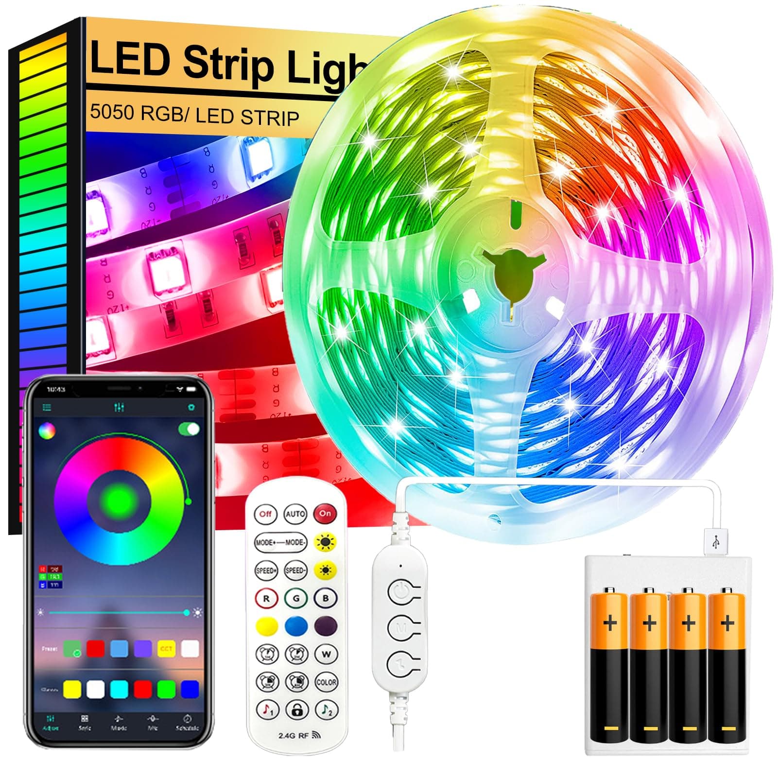 Led Strip Lights,2m Led Light Strips Battery Powered with App&Remote, Flexible 5050 RGB Colour Changing Led Lights for Bedroom,TV,Gaming Room Music Sync,Christmas,Halloween Decorations