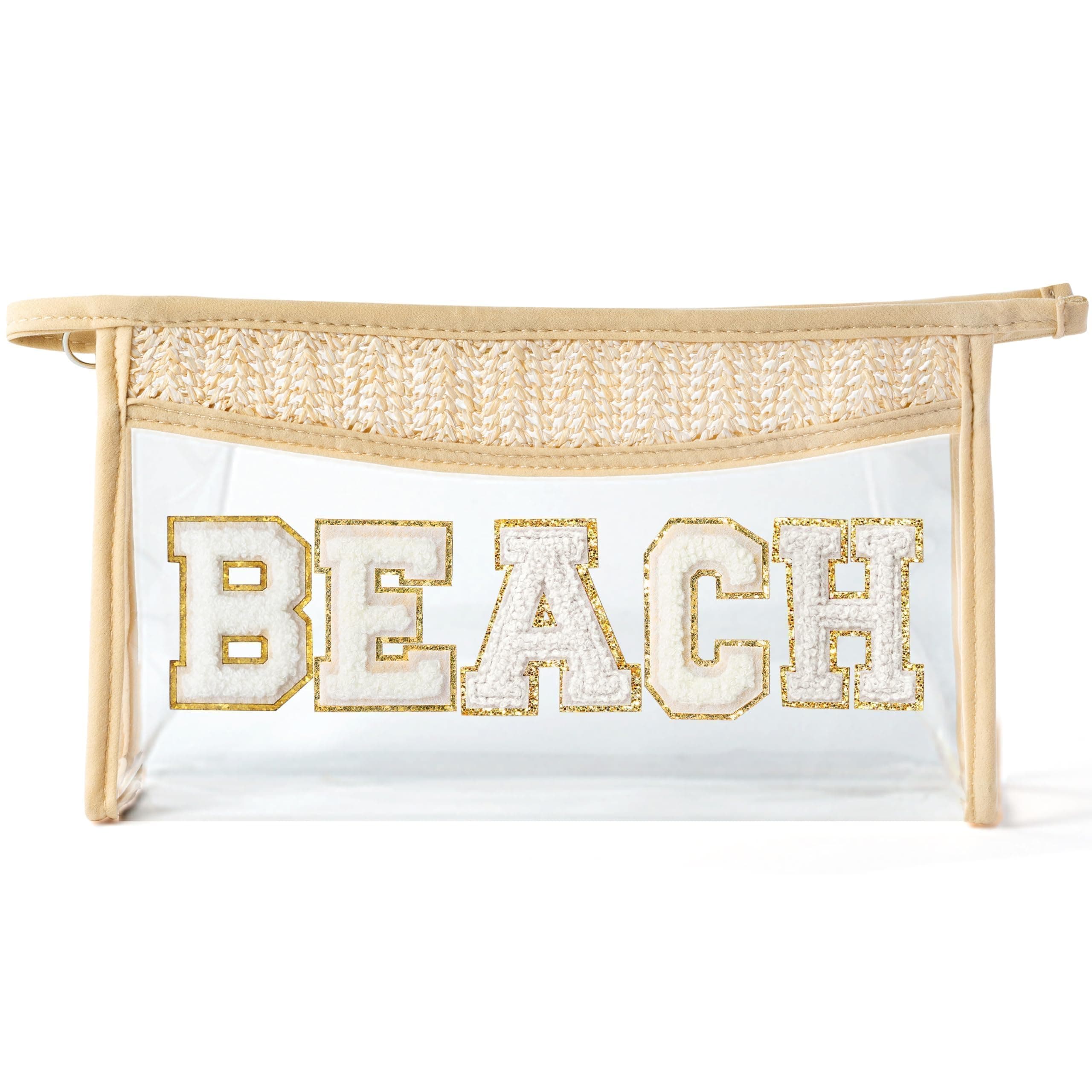 - Boho Patch Beach Cosmetic Bag - Summer BEACH Chenille Varsity Toiletry Makeup Bag Beige Letter Clear Waterproof Travel PVC Zipper Clutch Daily Use Purse Summer Makeup Pouch for Women Girls