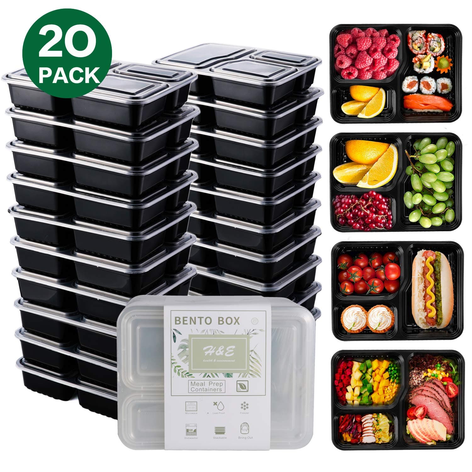 3 Compartment Meal Prep Containers, 1000ml Food Prep Boxes, BPA-Free, Microwave & Freezer Safe, Stackable, Storage (20 Pack)