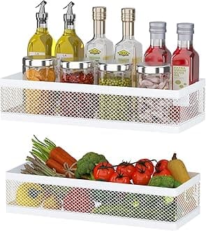 PUSDON Hanging Storage Baskets Organizer Wall Mount, Metal Wire Storage Bin Rack for Kitchen Bathroom Shower Spice Shelf Home Decor Essentials White-2 Packs (Netting)