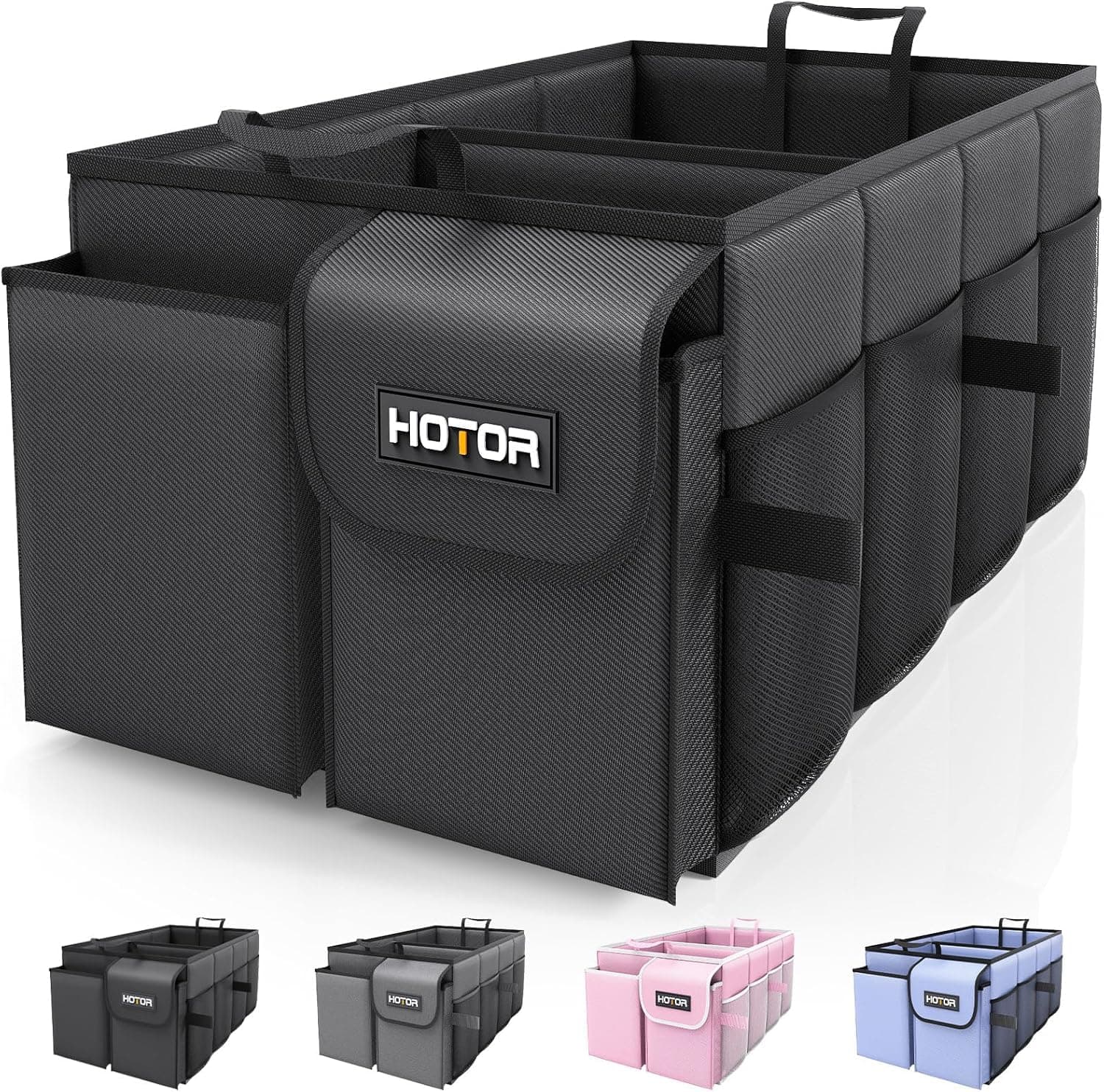 HOTOR Car Boot Oganiser - Large-Capacity Auto Trunk Organizer Collapsible Multi Compartments, Foldable Boot Storage for SUVs, Sturdy Car Accessories for Men Camping Tools, Black, 54.0 × 32.0 × 27.0 cm