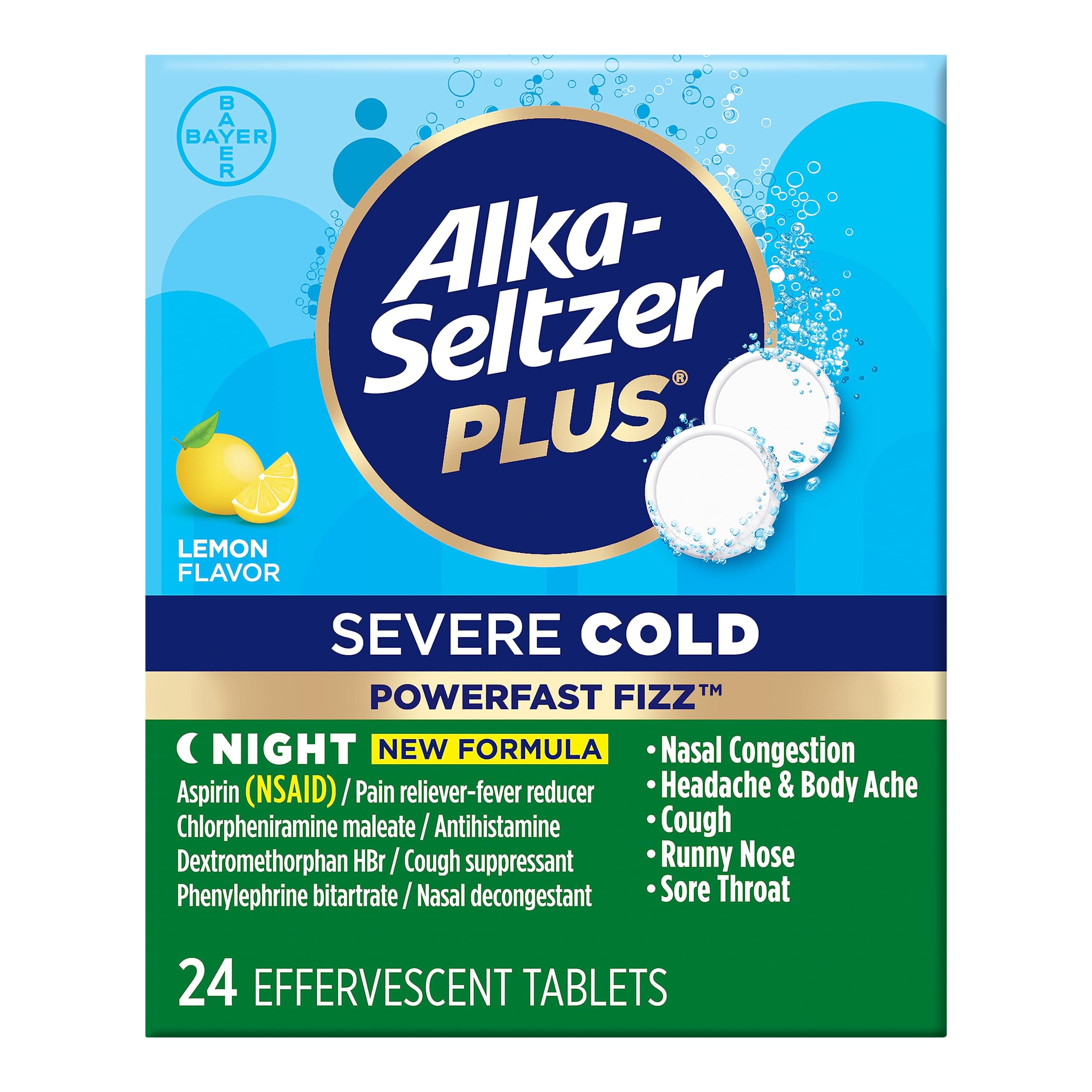 - Alka-Seltzer Plus Severe Cold PowerFast Fizz Effervescent Tablets, Nighttime Cold Symptom Relief, 24 Count