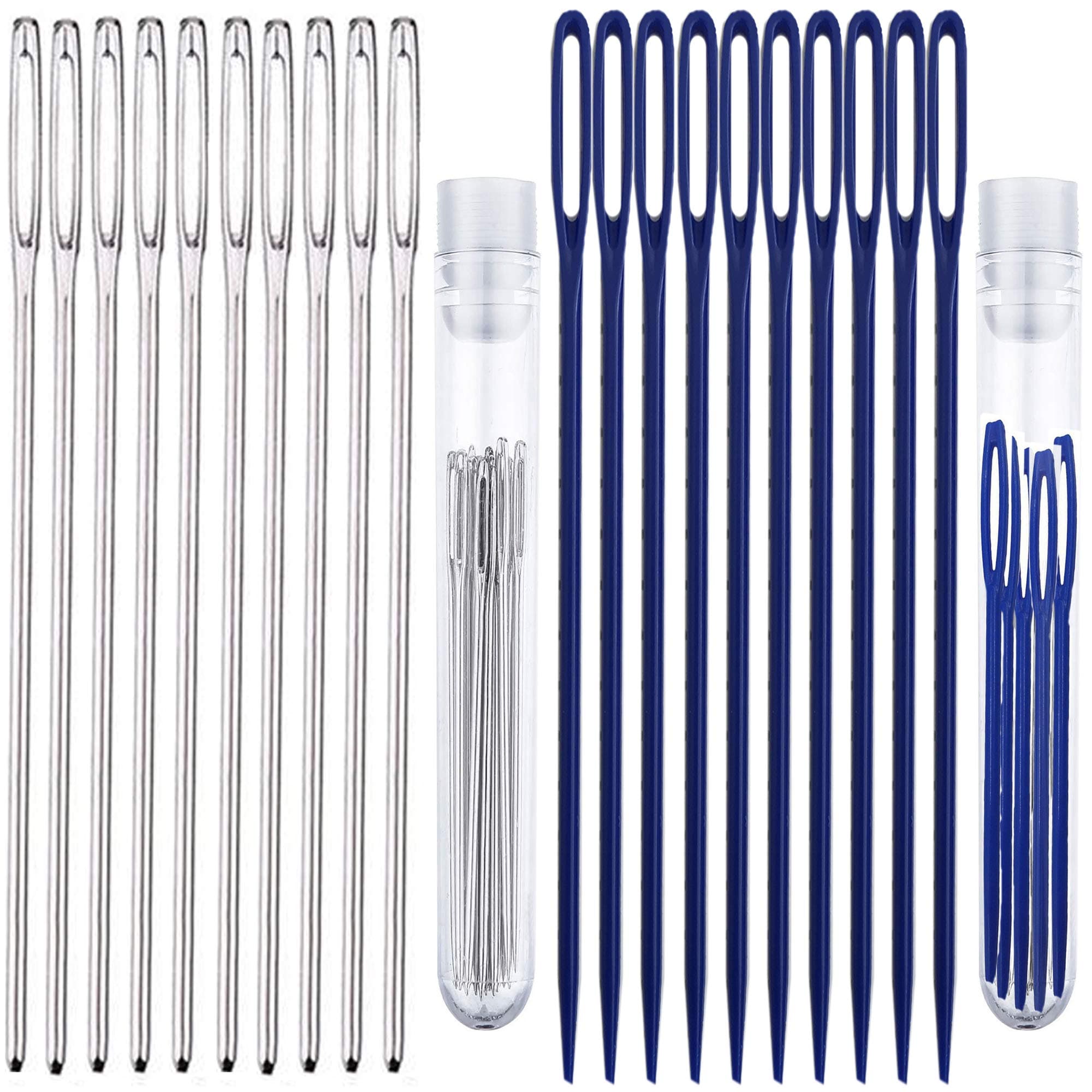Blunt Large Eye Needles 20 Pcs - Assorted Big Eye 10 Steel and 10 Plastic Yarn Knitting Needles and 2 Clear Tubes