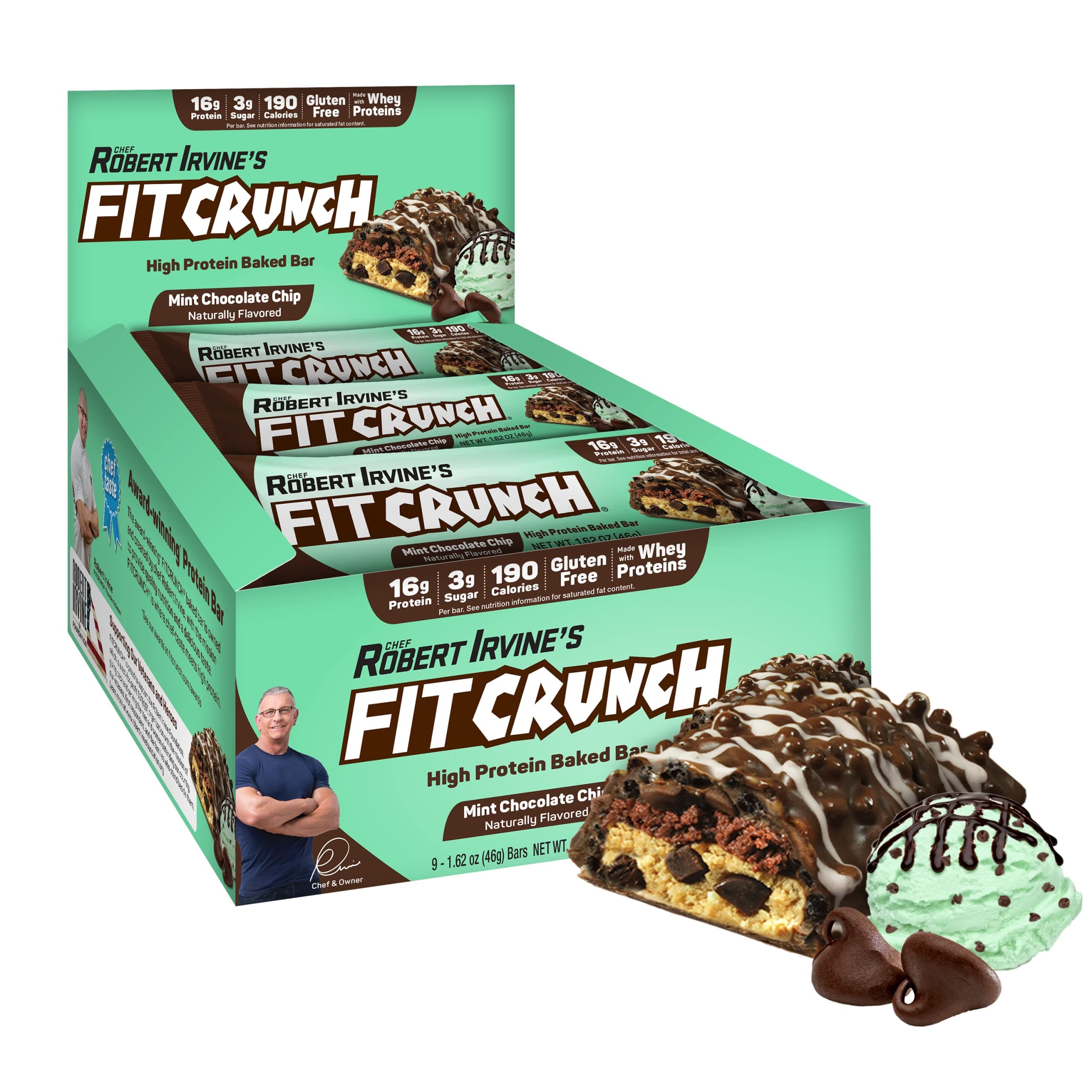Fit Crunch Snack Size Protein Bars, Designed by Robert Irvine, World’s Only 6-Layer Baked Bar, Just 3g of Sugar & Soft Cake Core (Mint Chocolate Chip)