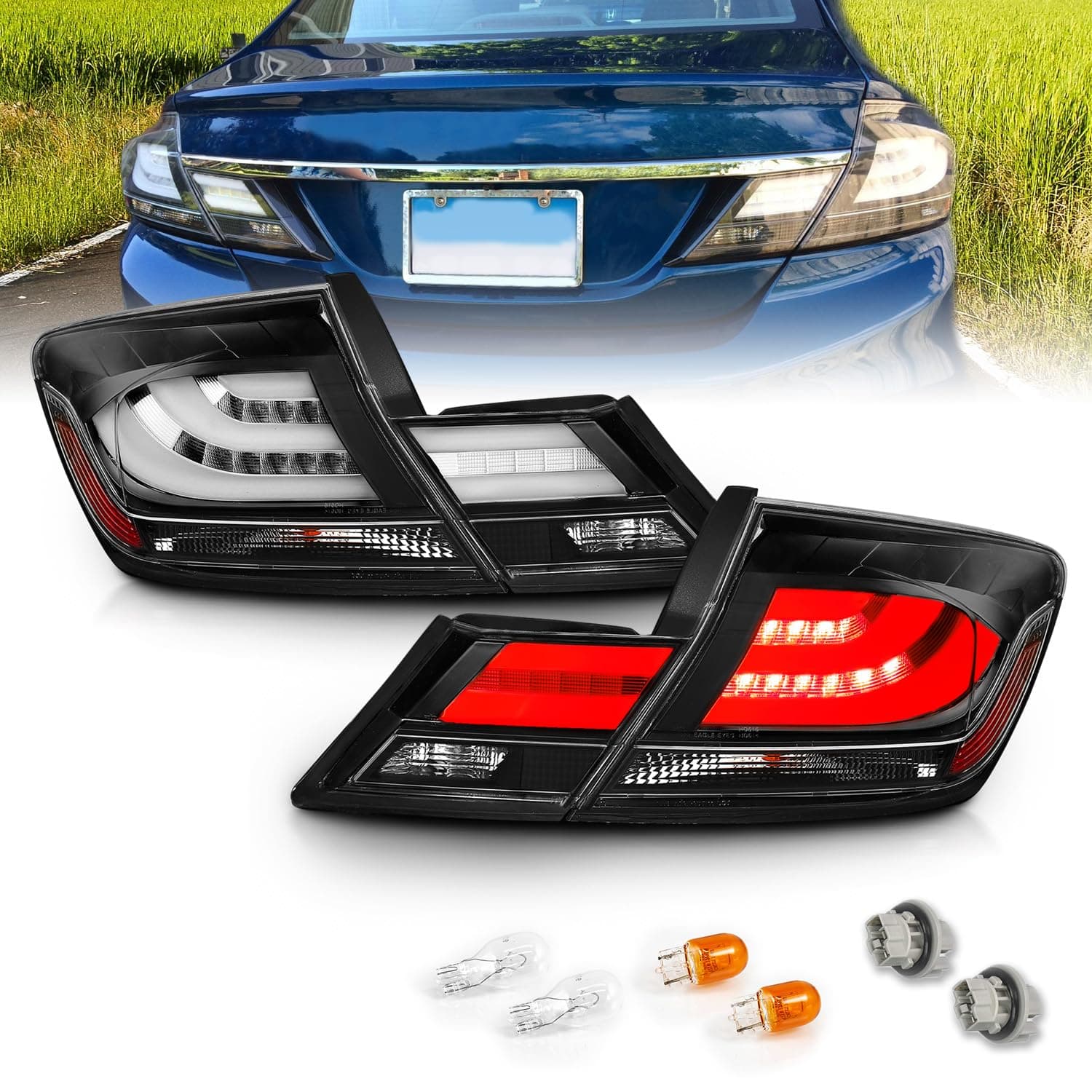 Black LED Bar Replacement Brake Tail Lights Set For 13-15 Honda Civic 4 Door - Passenger and Driver Side