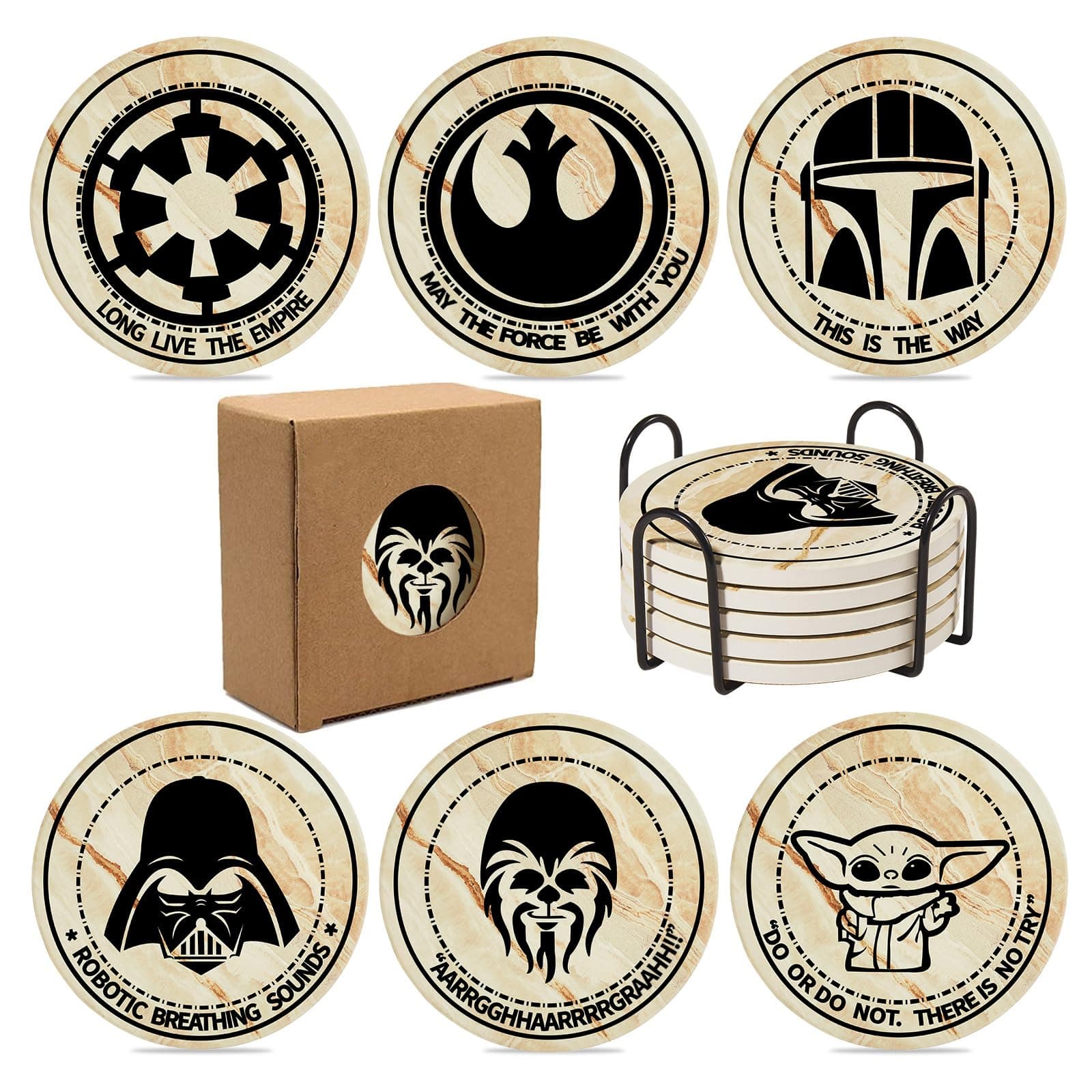 Wars Coasters for Drinks,6 PCS Funny Coasters Set with Coaster Holder,Stone&Cork for Coffee Table,Cute for Home Decor, Merchandise Show Gifts
