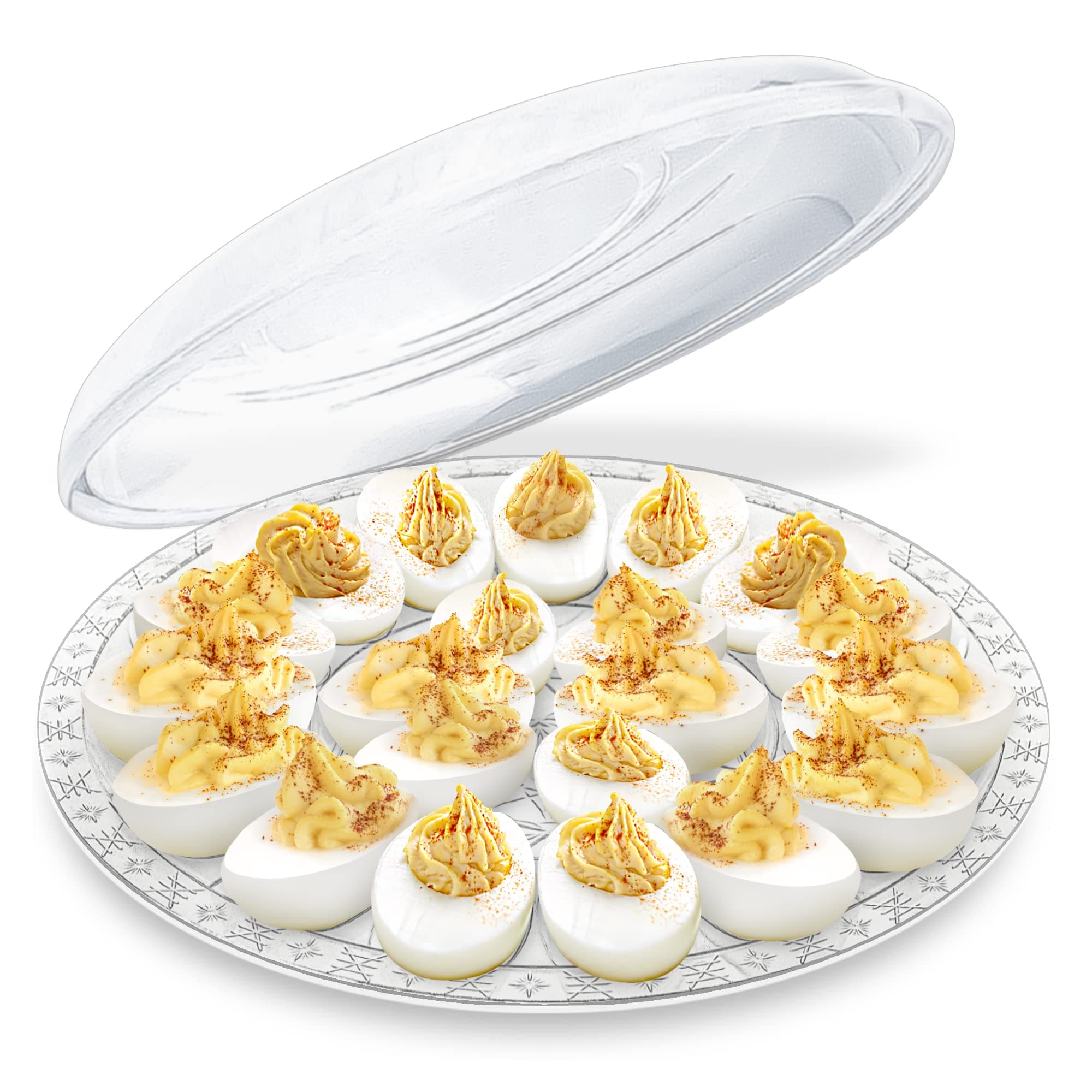 Deviled Egg Container with Lid - 12-inch Round Serving Plate, 15 Slots - Disposable Plastic Holder, Platter for Fruits, Veggie, Finger Food - Stackable, Easy Storage