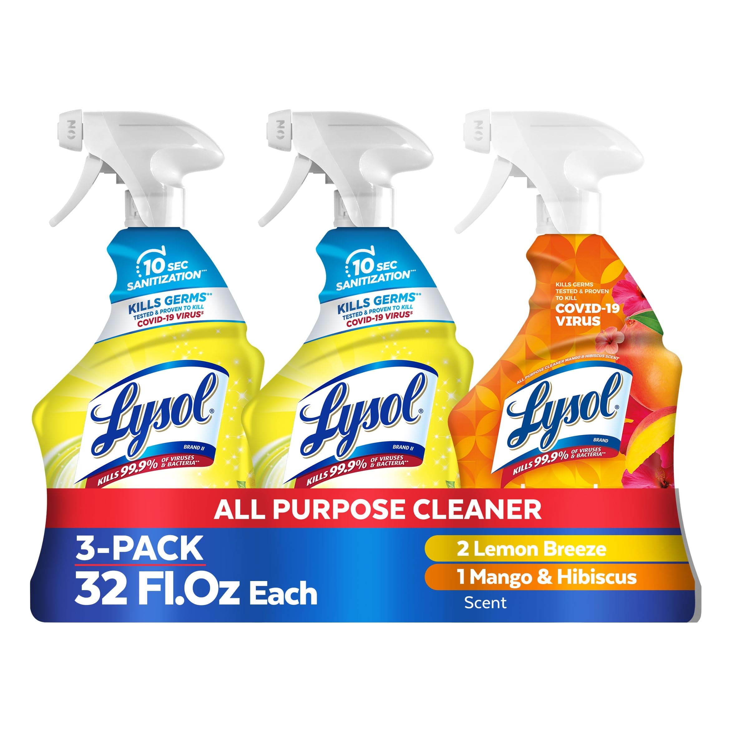 Lysol All Purpose Cleaner Spray, Multi-Purpose Disinfecting Spray, Kitchen & Bathroom Cleaner, Lemon Breeze (pack of 2) + Mango & Hibiscus (pack of 1)