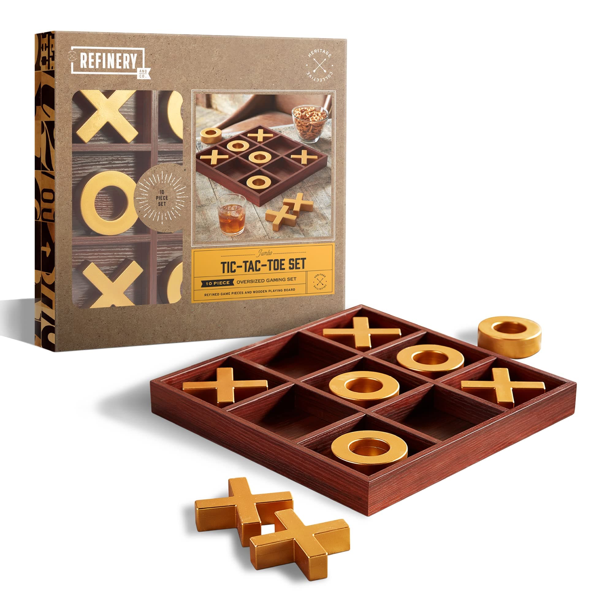 Refinery Premium Solid Wood Tic-Tac-Toe Board Game, Giant Gold 14” Coffee Table Home Decor, Classic Indoor/Outdoor Party Game for Children & Adults