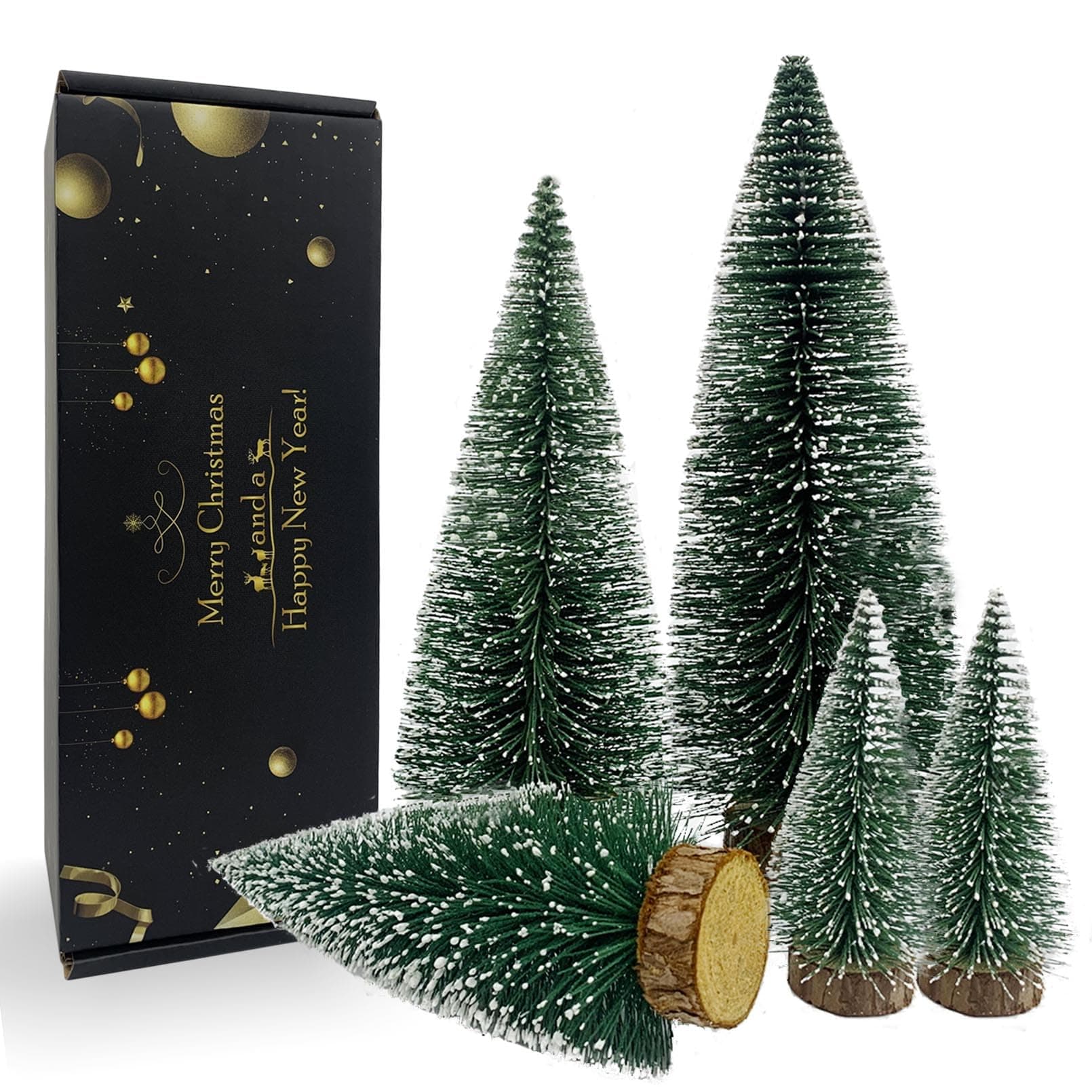 Desktop Miniature Christmas Trees Mini Pine Tree 5pcs with Snow and Wood Base for Xmas Holiday Party Home Tabletop Decor
