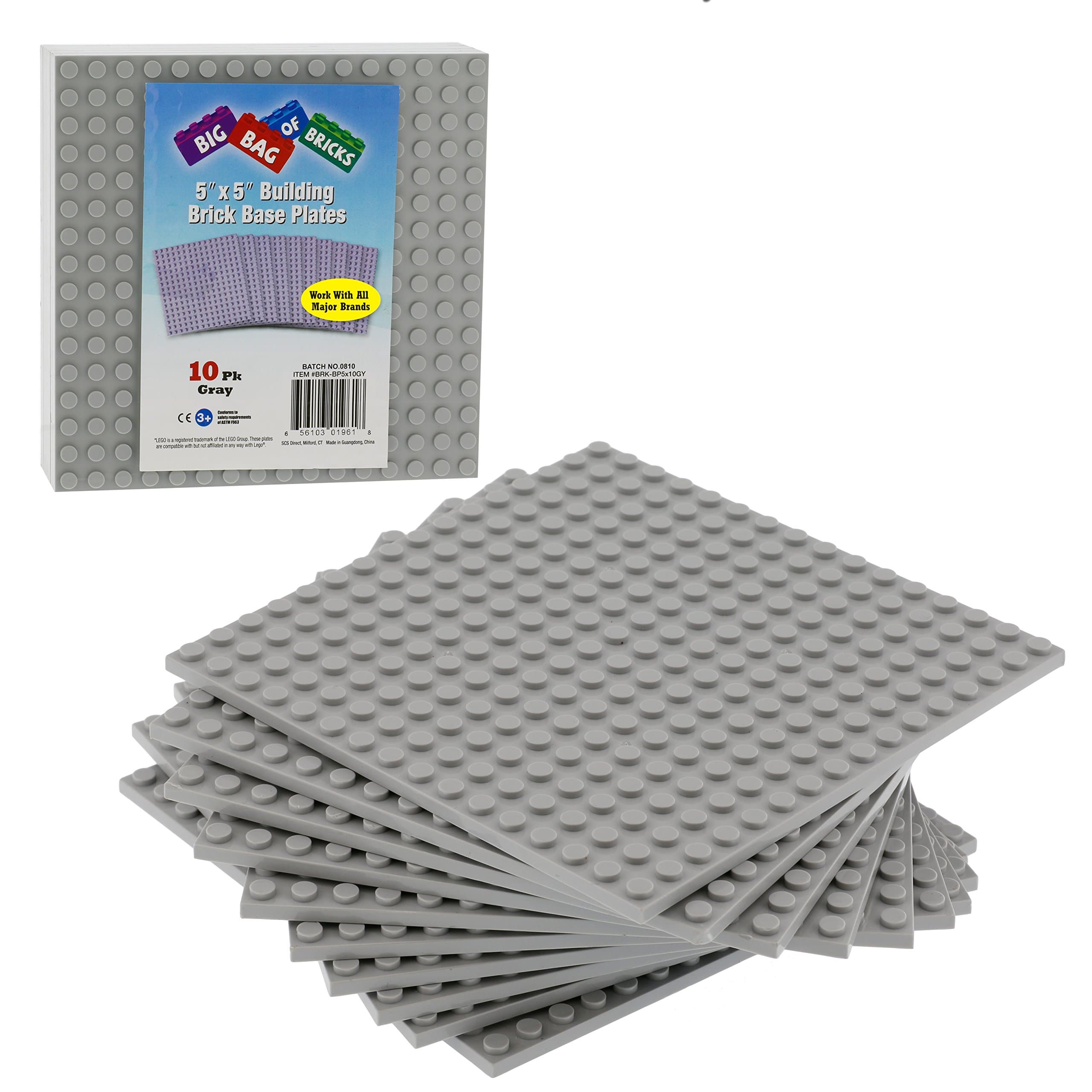 SCS Direct Brick Building Base Plates - 5 x 5 Grey Baseplates (10pcs) - Dual Side Connectivity, Tight Fit w All Brands