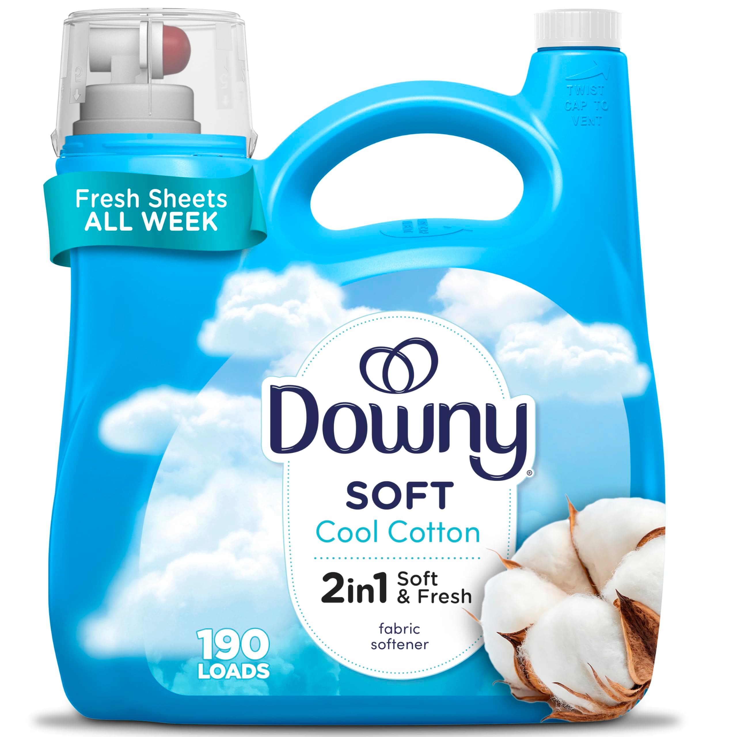 Downy Soft, 2 in 1 Soft and Fresh Liquid Fabric Softener, Cool Cotton, 140 fl oz, 190 Loads, Fabric Conditioner Liquid provides softness and freshness for fabrics