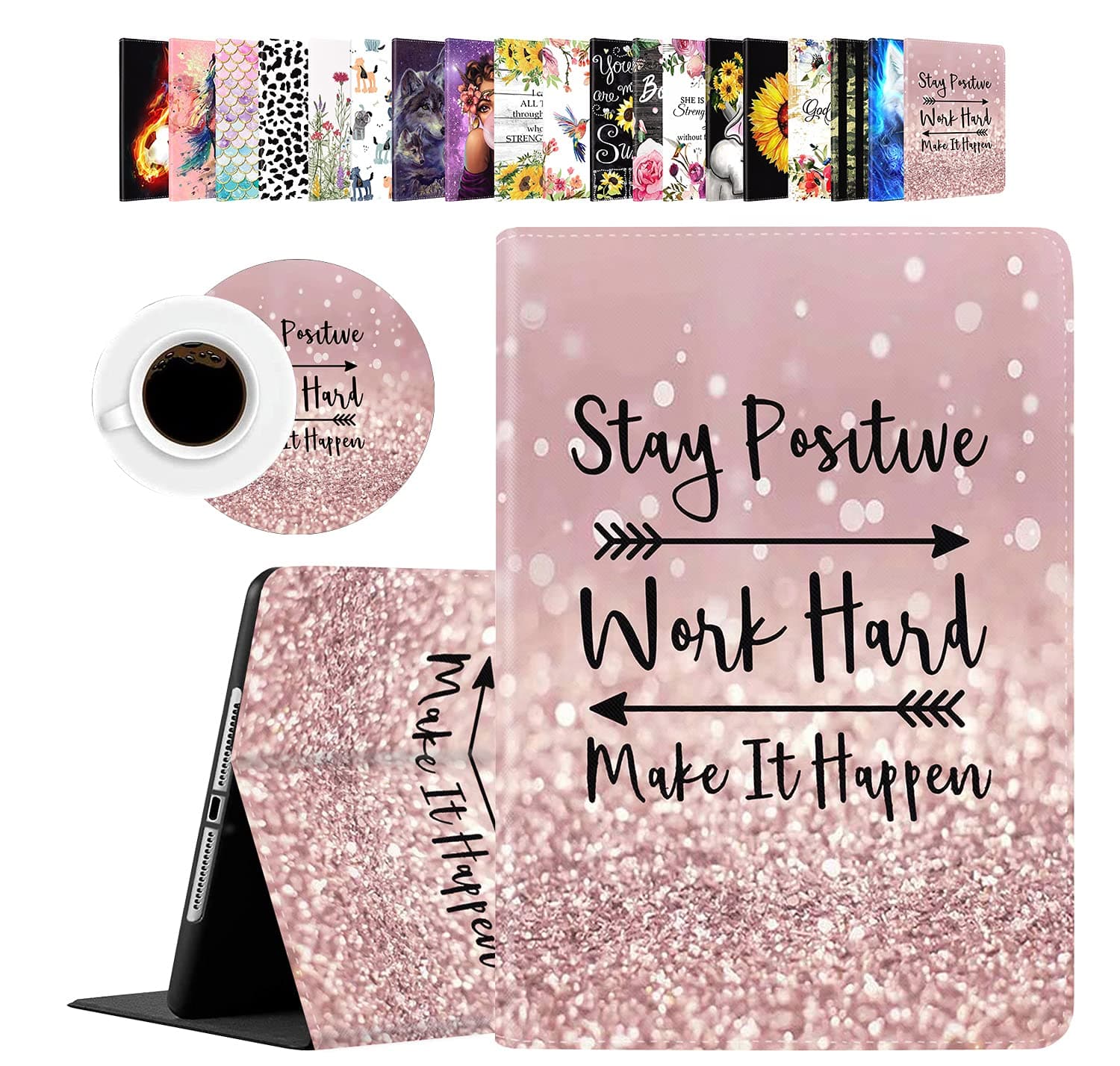 Case for iPad 10.2 8th Gen 2020 7th Gen 2019 iPad Air 10.5 2019 iPad Pro 10.5 with Coasters Set Stay Positive Work Hard and Make It Happen Rose Gold Rainbow Glitter
